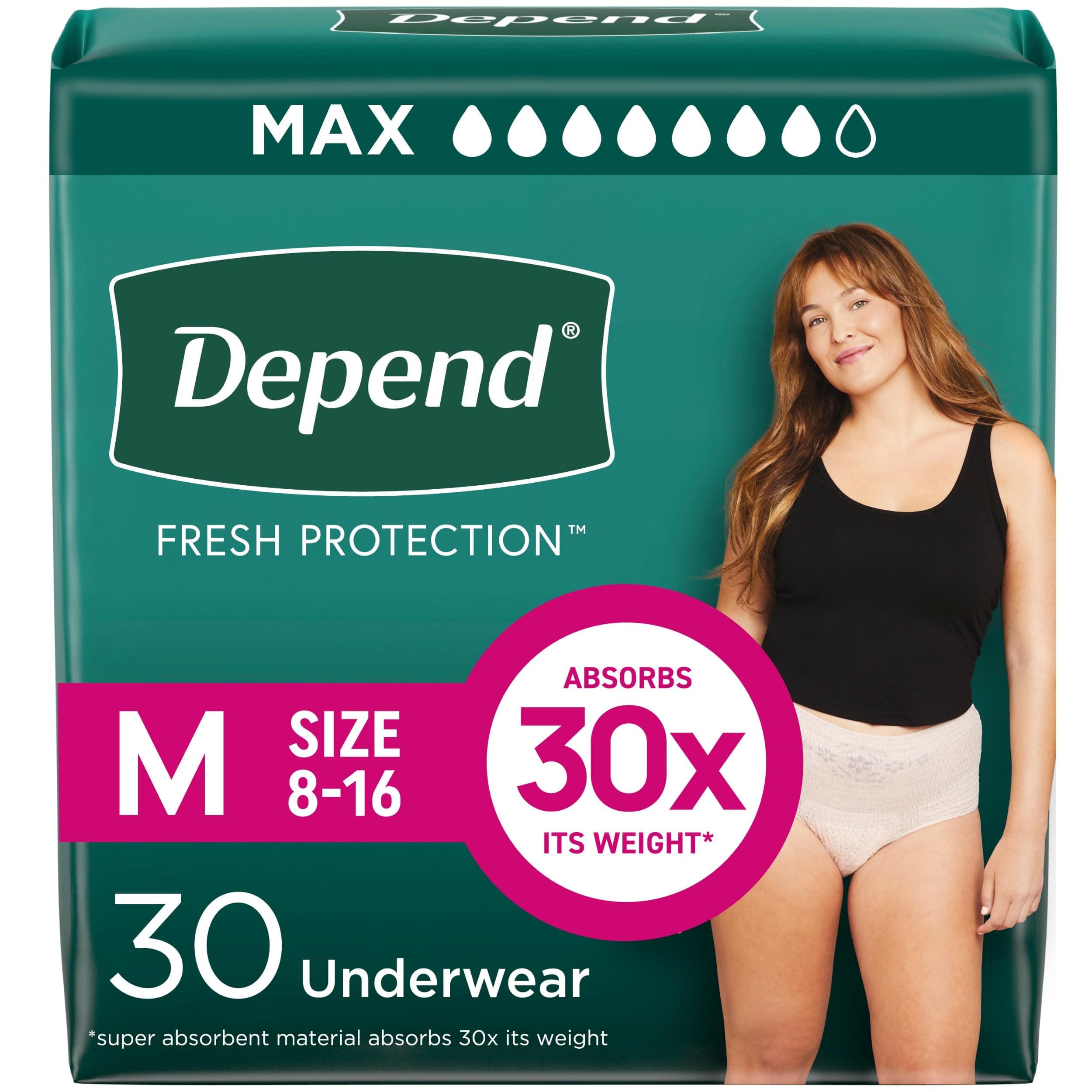 Depend Fresh Protection Adult Diapers, Incontinence & Postpartum Bladder Leak Underwear for Women, Disposable, Maximum, Medium, Blush, 30 Count, Packaging May Vary Medium 30