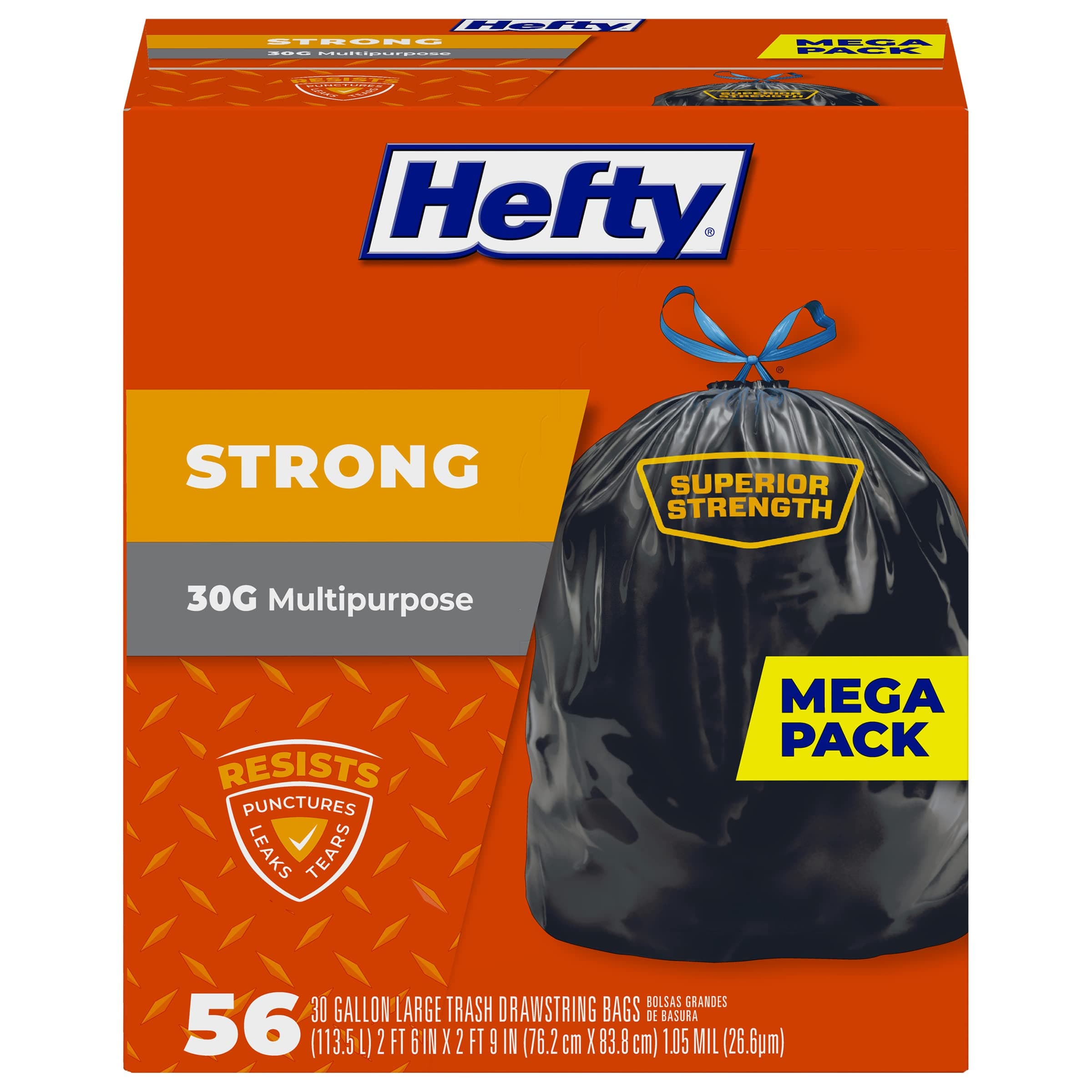 Hefty Strong 30 Gallon Trash Bags, Large Trash Bags 30 Gallon Size, Durable Drawstring Enclosure, Resists Punctures, Leaks, and Tears, Black, Unscented, 56 Bags 56 Count (Pack of 1)