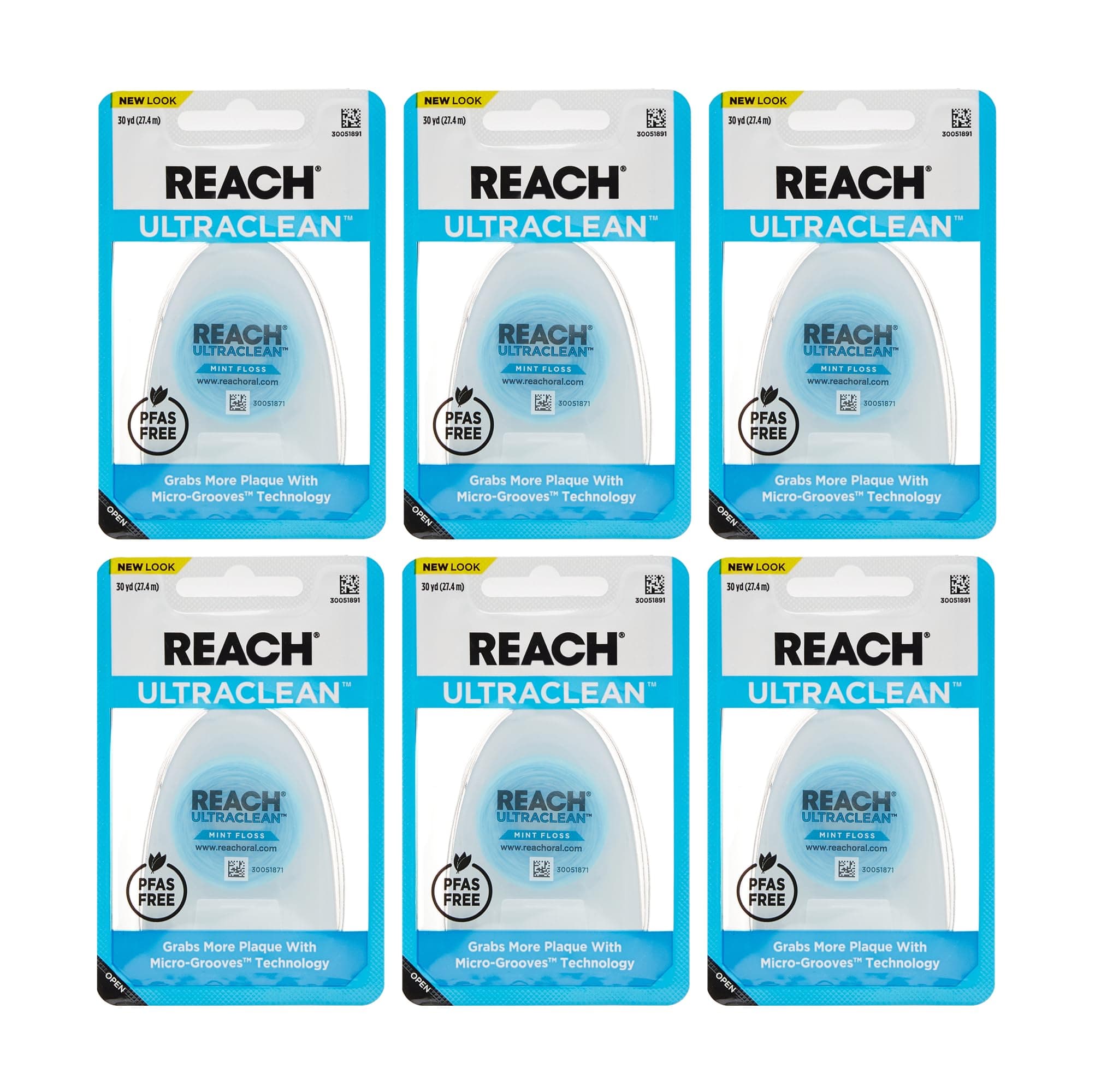 REACH Ultraclean Dental Floss, Mint, Plaque Remover for Teeth, Shred Resistant, Waxed, Easy on Gums & Teeth, Mint, Oral Care, PFAS Free, for Adults & Kids, 6 Pack, 30 yd 540 Foot (Pack of 6)