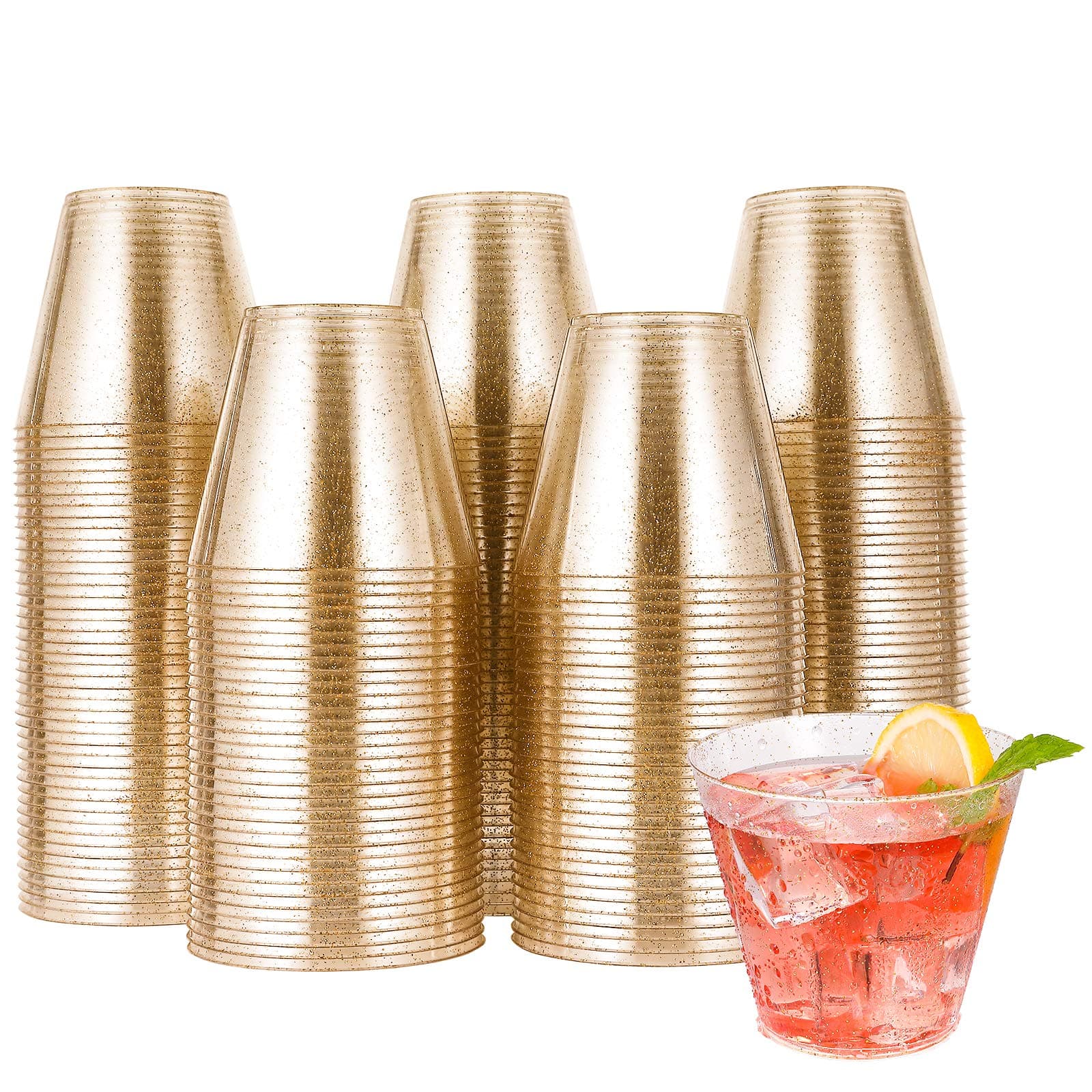 JOLLY CHEF 200 Pack 9 oz Glitter Plastic Cups, Disposable Gold Cups, Clear Plastic Tumblers for Wedding, Thanksgiving, Christmas Party Glitter-9oz-200