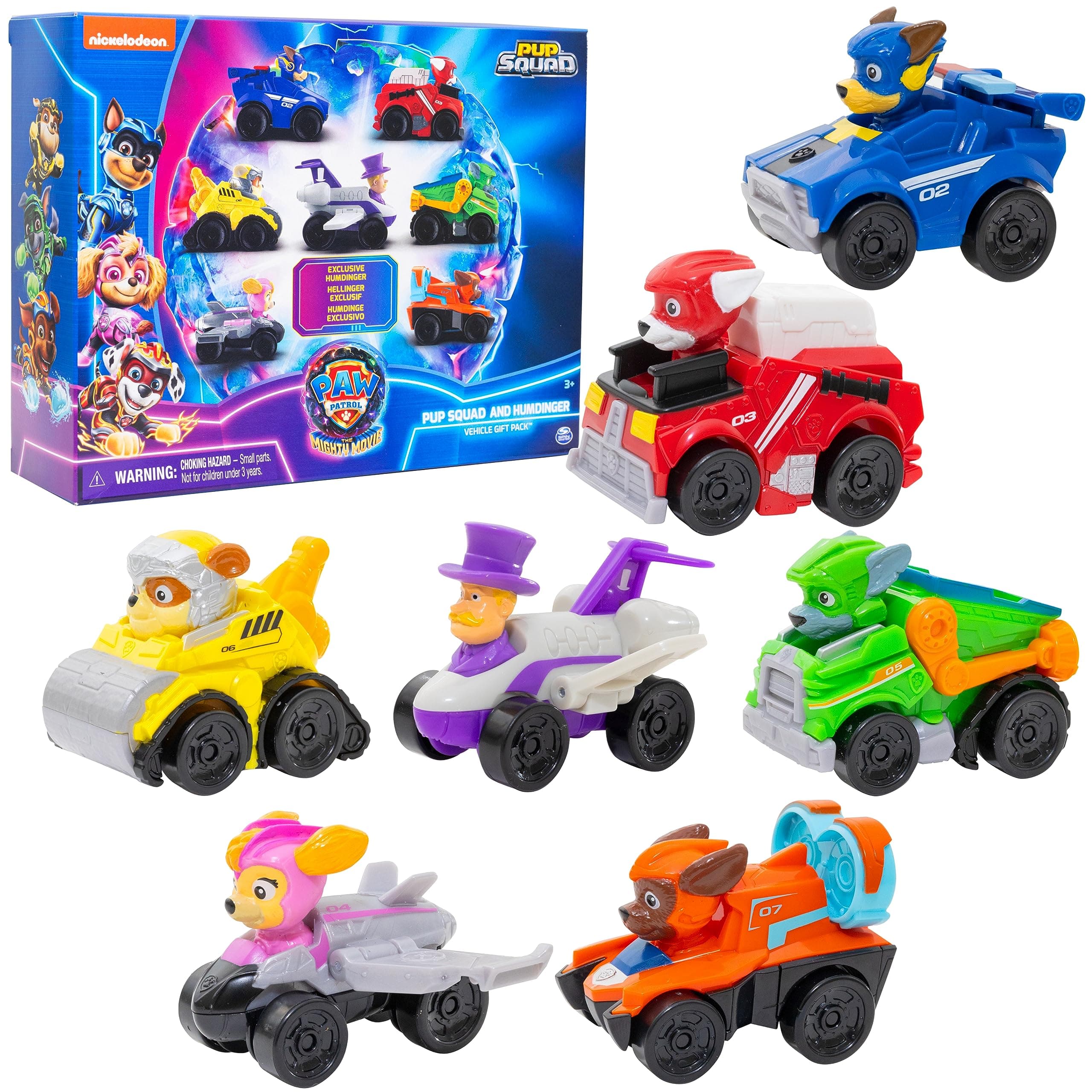 Paw Patrol: The Mighty Movie Toy Vehicle Set- 7 New Cars & Trucks w Exclusive Mayor Humdinger Action Figure-Includes Rubble, Chase, Skye, Zuma, Marshall, Rocky 7-pack Vehicle Set