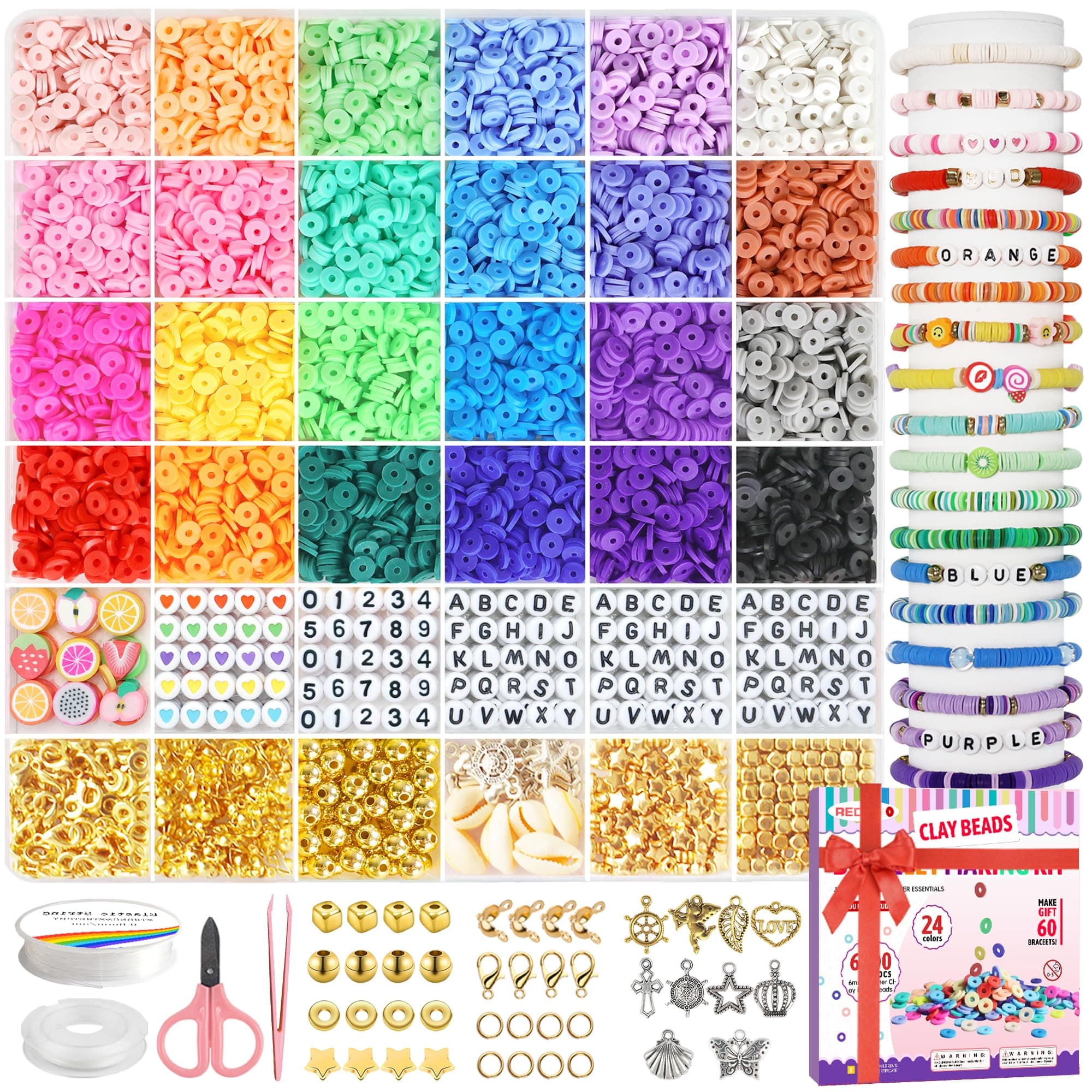 Redtwo 6200 Pcs Clay Beads Bracelet Making Kit, Flat Round Polymer Heishi Friendship Bracelet Jewelry Kit with Charms and Elastic Strings for Girls 8-12 Gifts for Kids