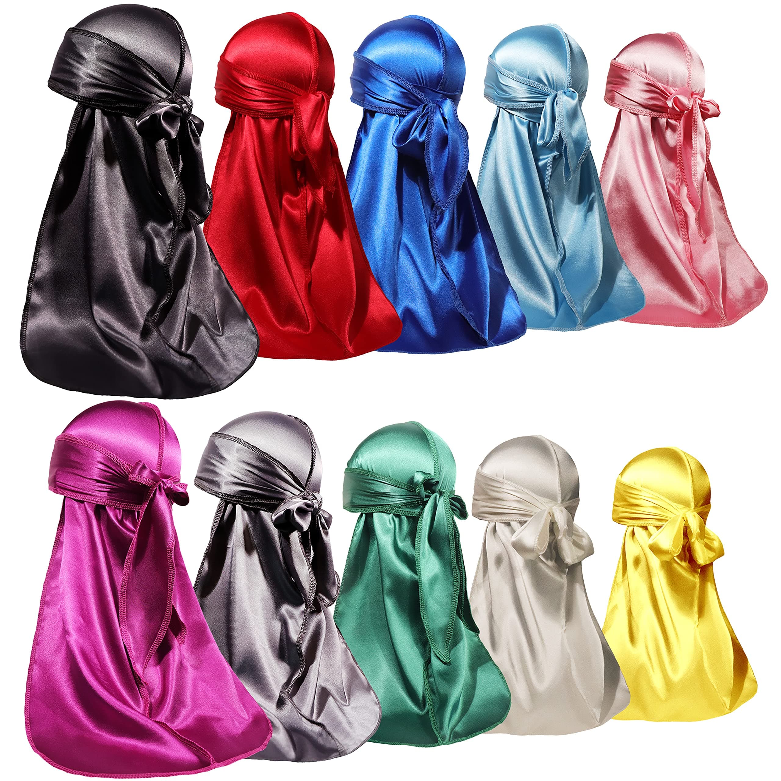 ForceWave 10 Pieces Silky Durags Long Tail for Women Men Satin Durag 360 Wave,Dorag, 10 Pieces 10 Colors