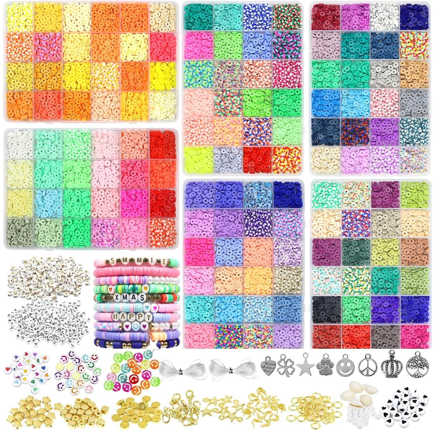 BIBOKLTIY Clay Beads Bracelet Making Kit, 6 Boxes 144 Colors 15000pcs Flat Beads Kit for Jewelry Making, Polymer Heishi Beads Friendship Bracelet Kit, Clay Bead Set with Charms Crafts