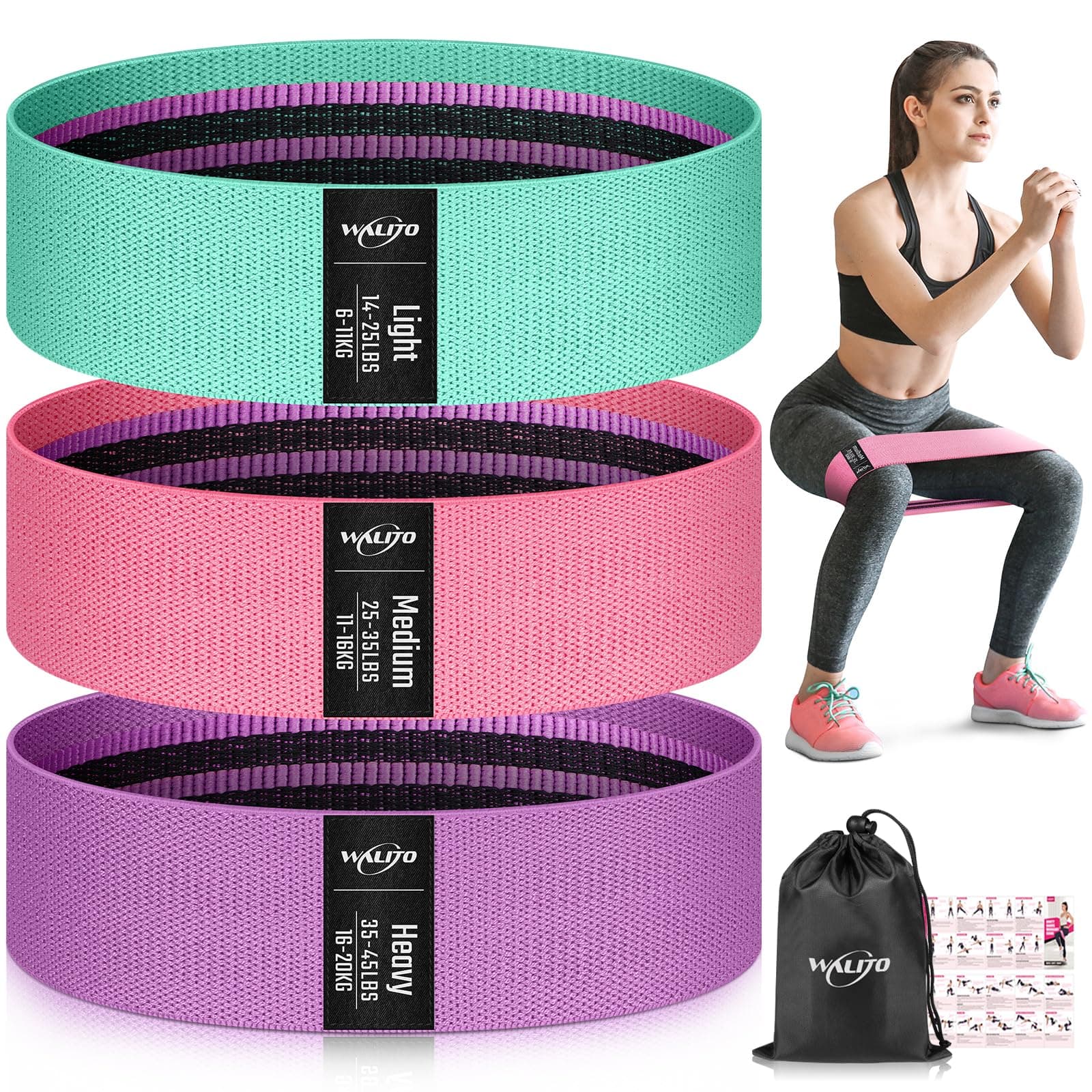 WALITO Resistance Bands for Working Out, Fabric Exercise Bands for Legs and Butt, Workout Bands for Women and Men, Booty Band for Yoga Starter Set, Pilates, Rehab, Fitness and Home Workout 1.Pink,Aqua,Purple