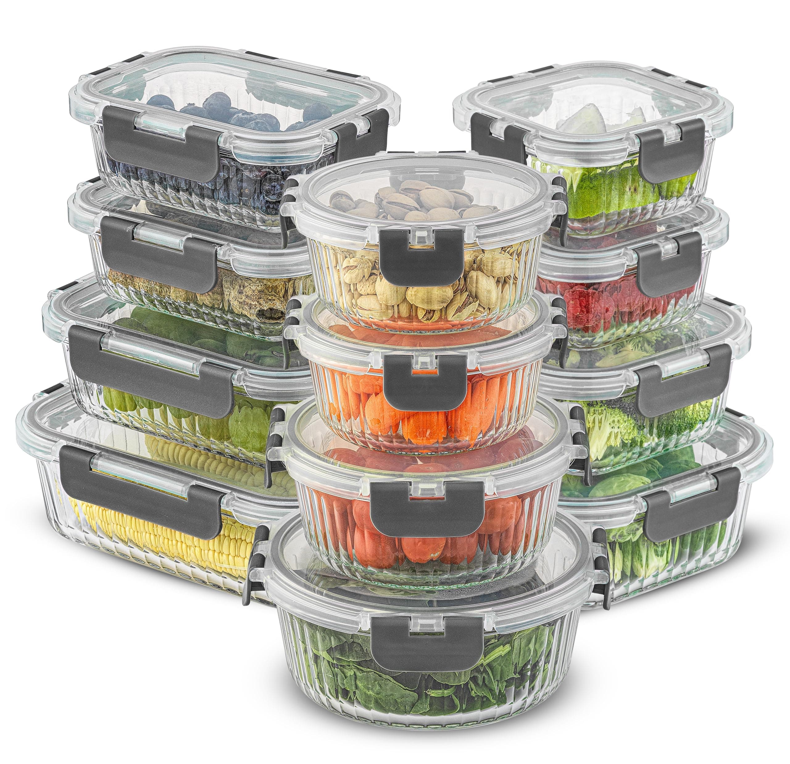 JoyJolt 24pc Borosilicate Glass Storage Containers with Lids | 12 Airtight/Freezer Safe Food Storage Containers for Pantry and Kitchen | Meal Prep Container for Lunch | Glass Tupperware Set Gray