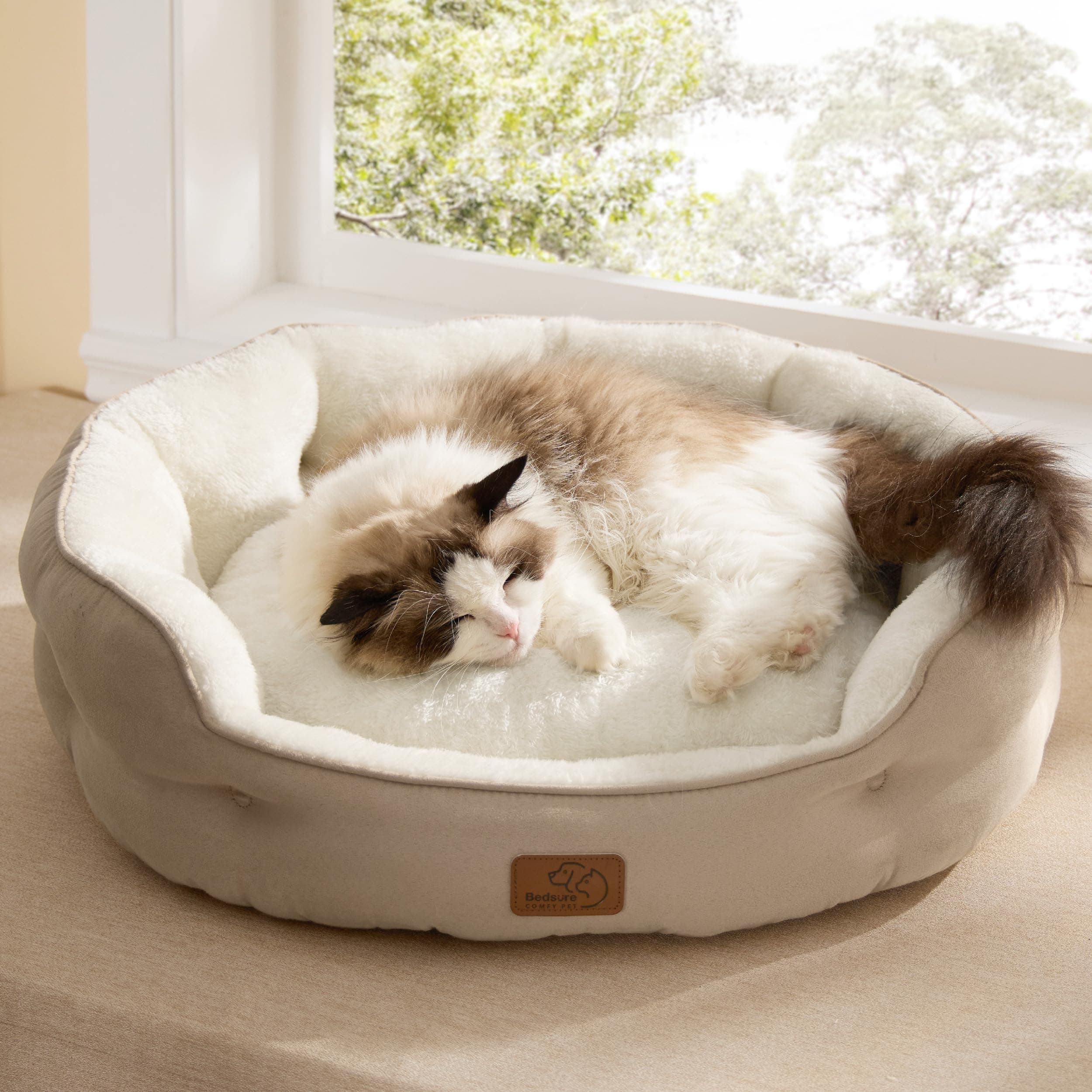 Bedsure Dog Beds for Small Dogs - Round Cat Beds for Indoor Cats, Washable Pet Bed for Puppy and Kitten with Slip-Resistant Bottom, 20 Inches, Camel 20"L x 19"W x 6"Th Camel