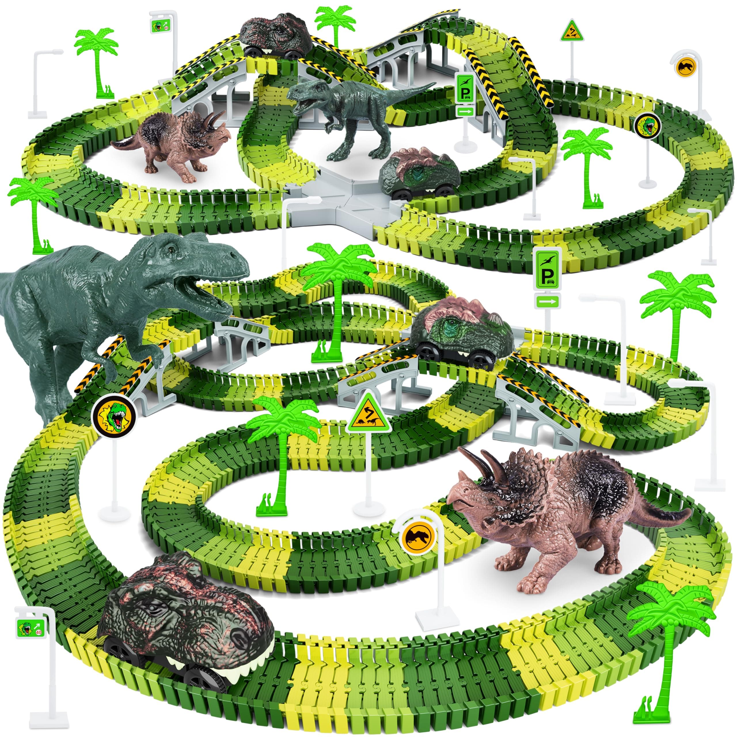 Dinosaur Toys,Create A Dinosaur World Road Race,Flexible Track Playset and 2 pcs Cool Dinosaur car for 3 4 5 6 Year & Up Old boy Girls Best Gift Green