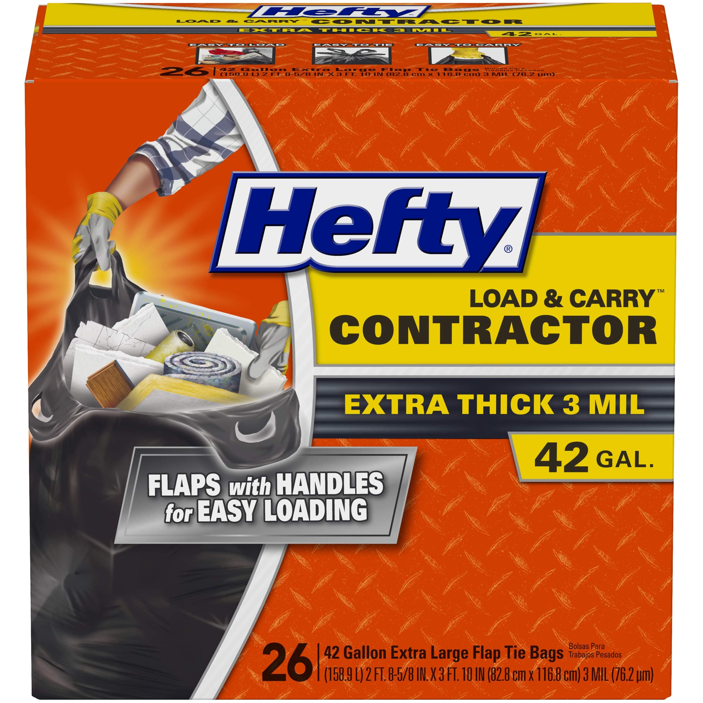 Hefty Load & Carry Heavy Duty Contractor Large Trash Bags, 42 Gallon, 26 Count 26 Count (Pack of 1)