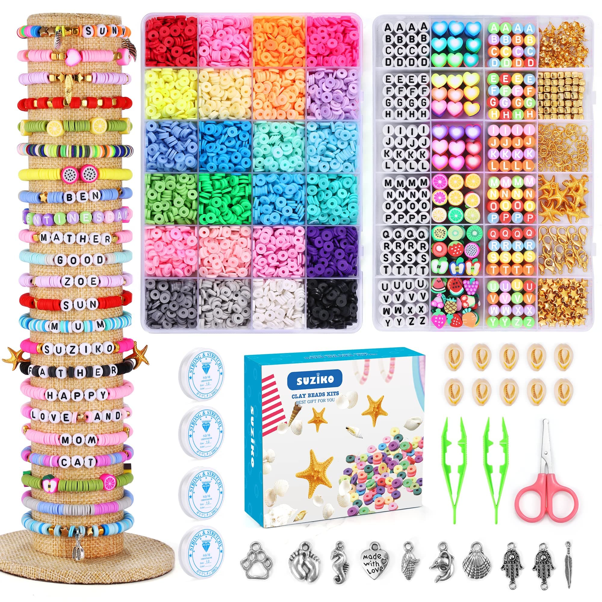 Bracelet Making Kit, 7400 Pcs Clay Beads Flat Round Clay Beads for Jewelry Making Crafts Gift for Girls Ages 3-12(2 Box)