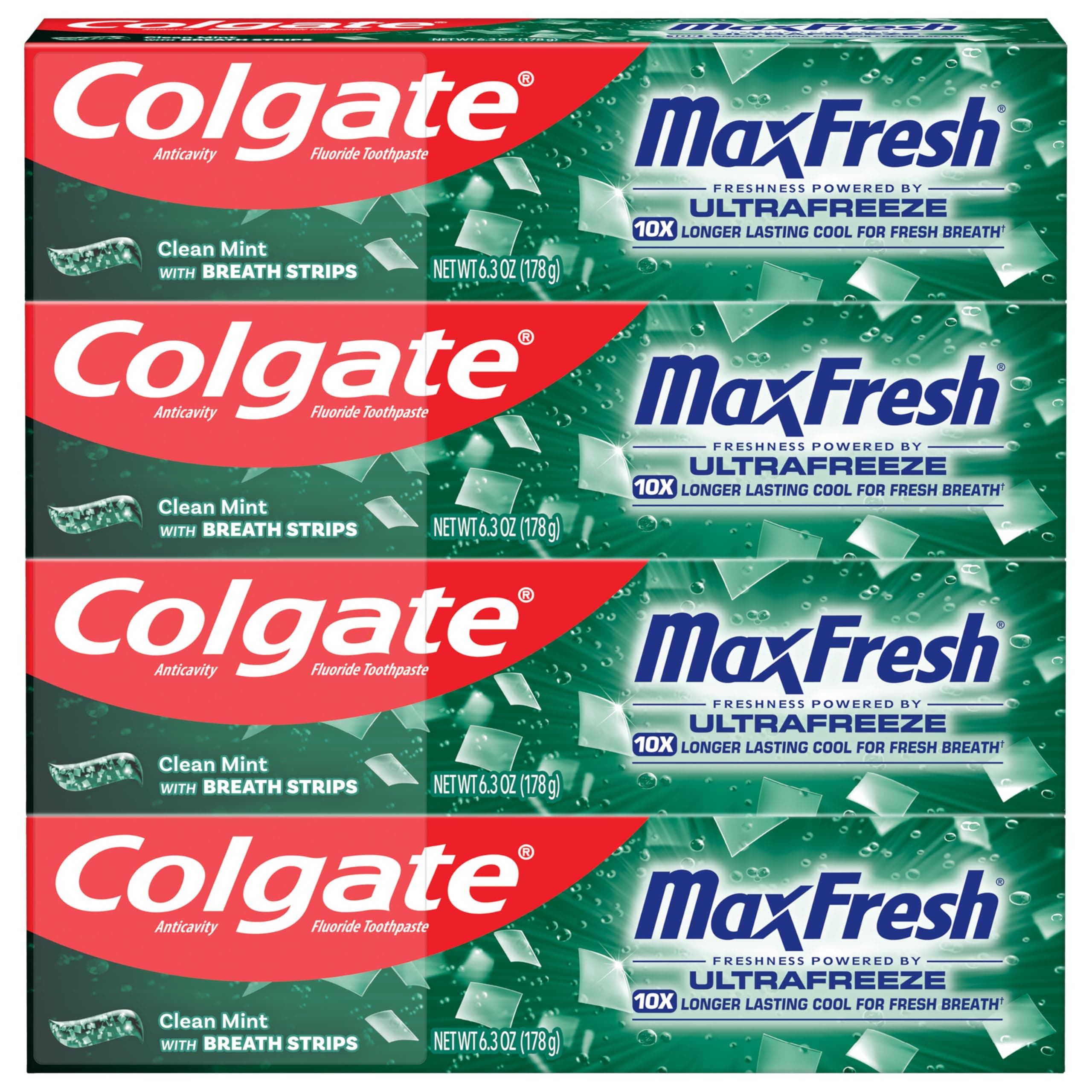 Colgate MaxFresh Clean Mint Toothpaste Pack, Fresh Breath Toothpaste with Fluoride and Hundreds of Mini Breath Strips, Leaves Mouth Feeling Refreshed for Hours, 4 Pack, 6.3 oz 6.3 Ounce (Pack of 4) Clean Mint