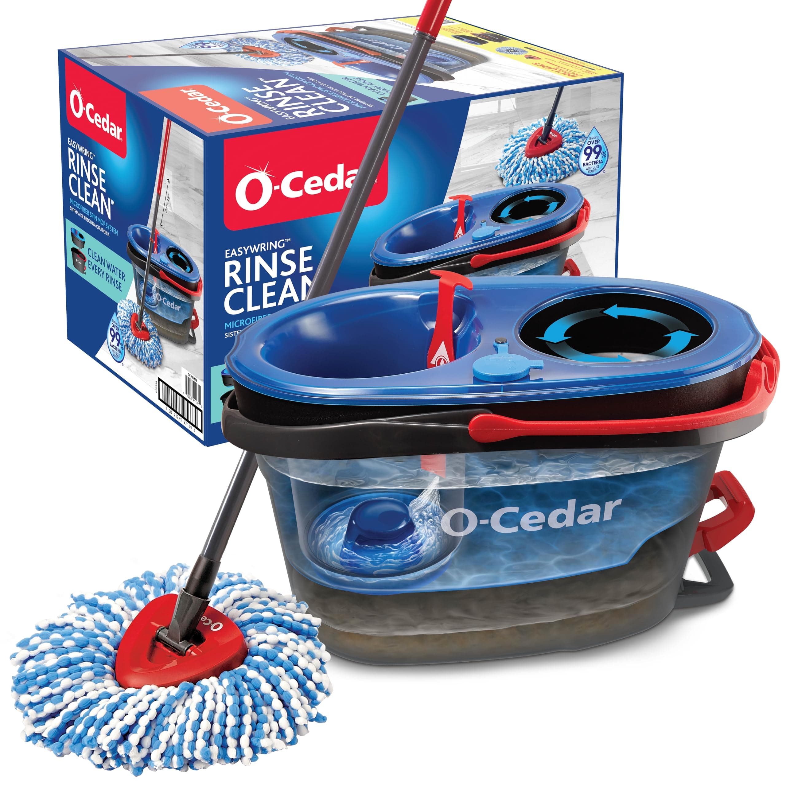 O-Cedar RinseClean Spin Mop & Bucket System | Clean with Clean Water | Removes 99% of Bacteria Rinseclean Spin Mop & Bucket Cleaning System