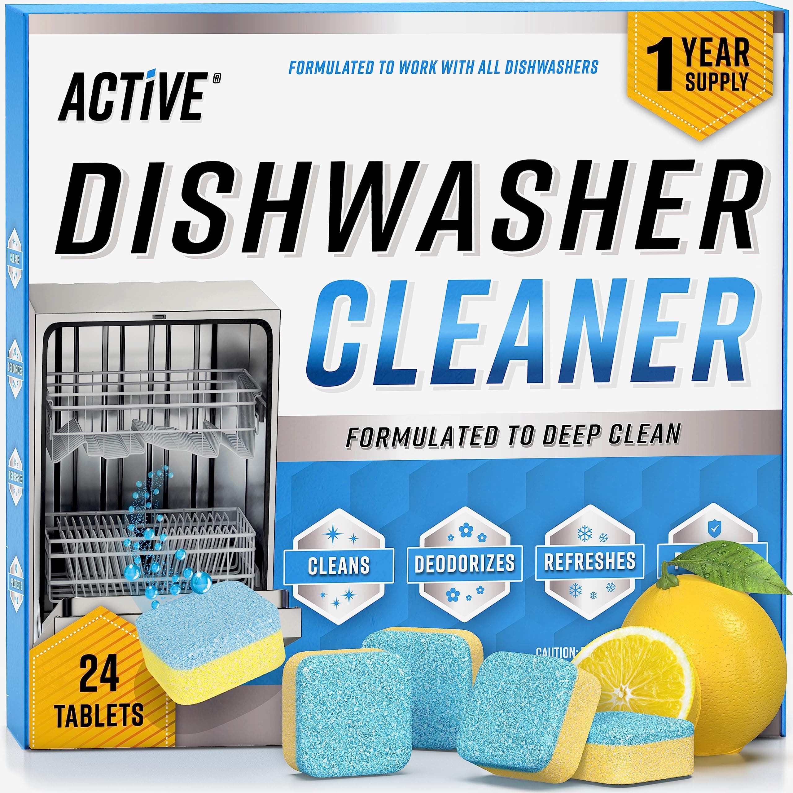 Dishwasher Cleaner And Deodorizer Tablets - 24 Pack Deep Cleaning Descaler Pods for Dish Washer Machine, Heavy Duty, Septic Safe, Natural Limescale Remover, Calcium, Odor, Smell - 12 Month Supply Fresh Dishwasher Cleaner Tablets
