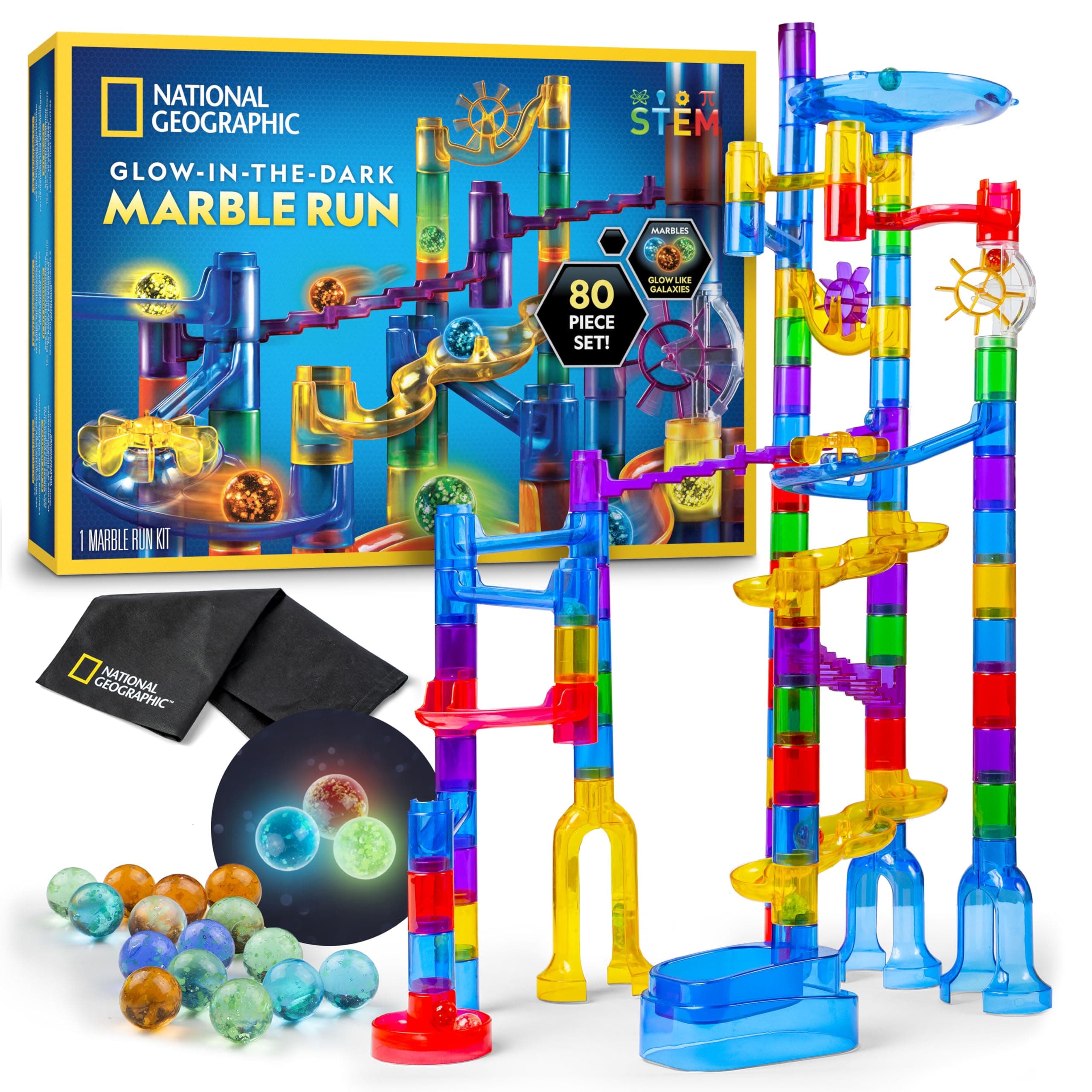 NATIONAL GEOGRAPHIC Glowing Marble Run – Construction Set with 15 Glow in The Dark Glass Marbles & Storage Bag, STEM Gifts for Boys and Girls, Building Project Toy (Amazon Exclusive) Glowing Small