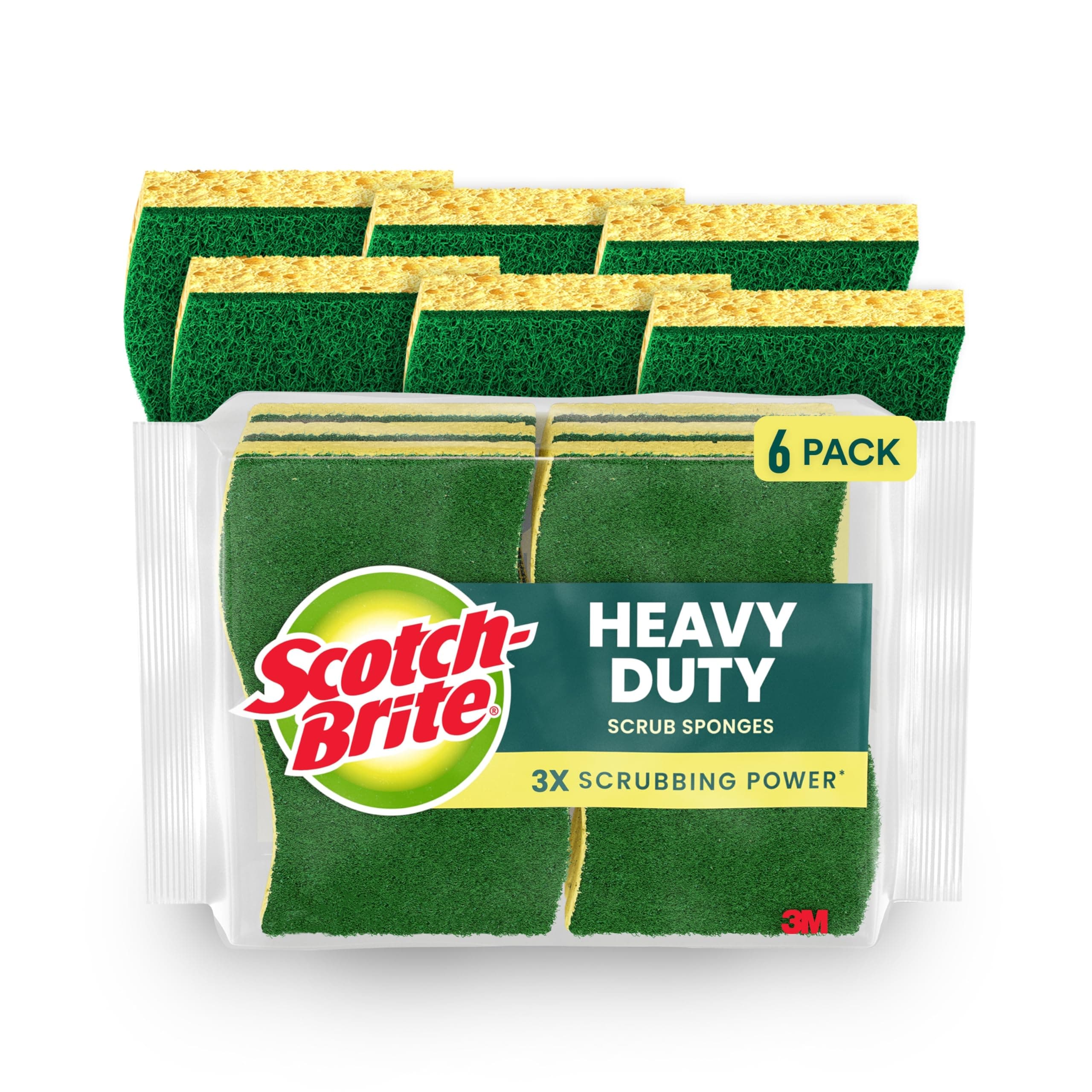 Scotch-Brite Heavy Duty Scrub Sponge, 6 Kitchen Sponges Designed for Tough Messes in the Kitchen that Last 3X Longer*, Best for Cast Iron Skillets and Outdoor Grills, Flexible, Durable, and Strong 6 Scrub Sponges