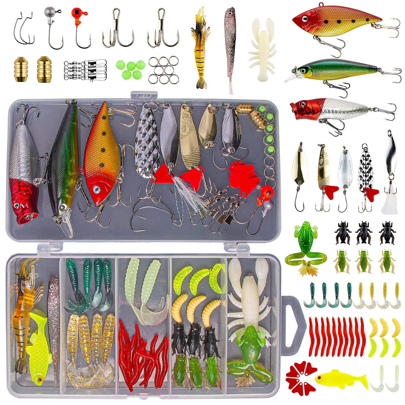 Fishing Lures Kit for Freshwater Bait Tackle Kit for Bass Trout Salmon Fishing Accessories Tackle Box Including Spoon Lures Soft Plastic Worms Gifts for Men 78pcs