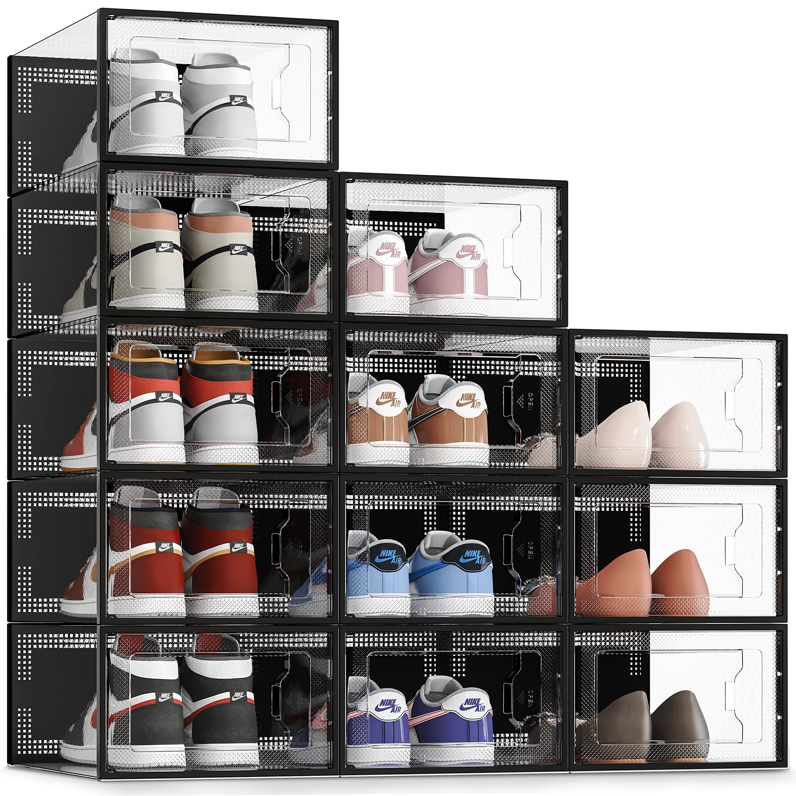 SEE SRPING XX-Large Shoe Storage Box Fit Size 14, Clear Plastic Stackable Shoe Organizer for Closet, Shoe Rack Sneaker Containers Bins Holders, Drawer Organize Unit, 12 Pack Black XX-Large Fit Size 14 Black