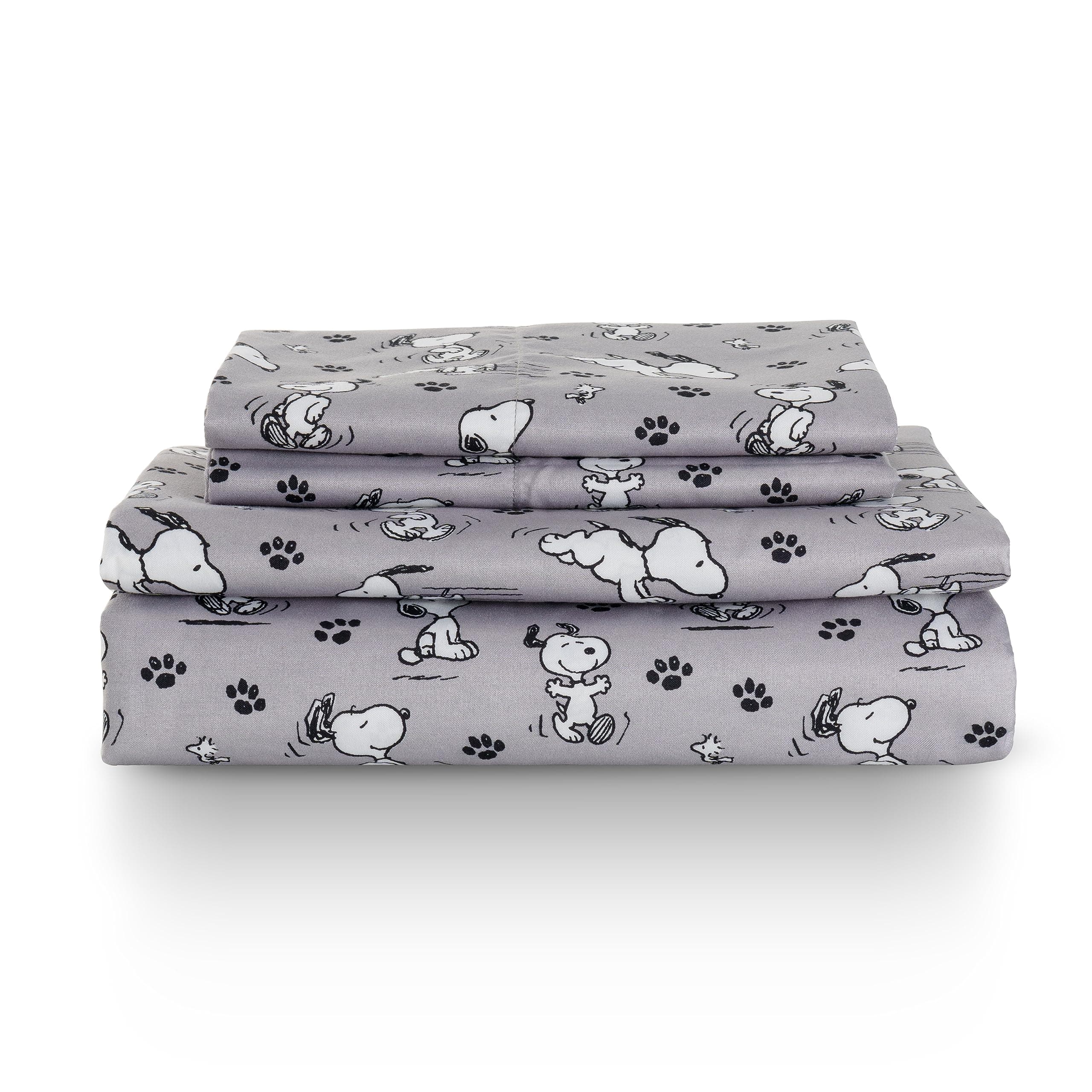 Berkshire Blanket Peanuts® Kids Sheet Set, Full Size - 4 Pieces, Peanuts® Mini Poses and Paws Grey, Cute Character Snoopy Printed Soft Microfiber Bed Sheets Peanuts Poses and Paws Grey Full