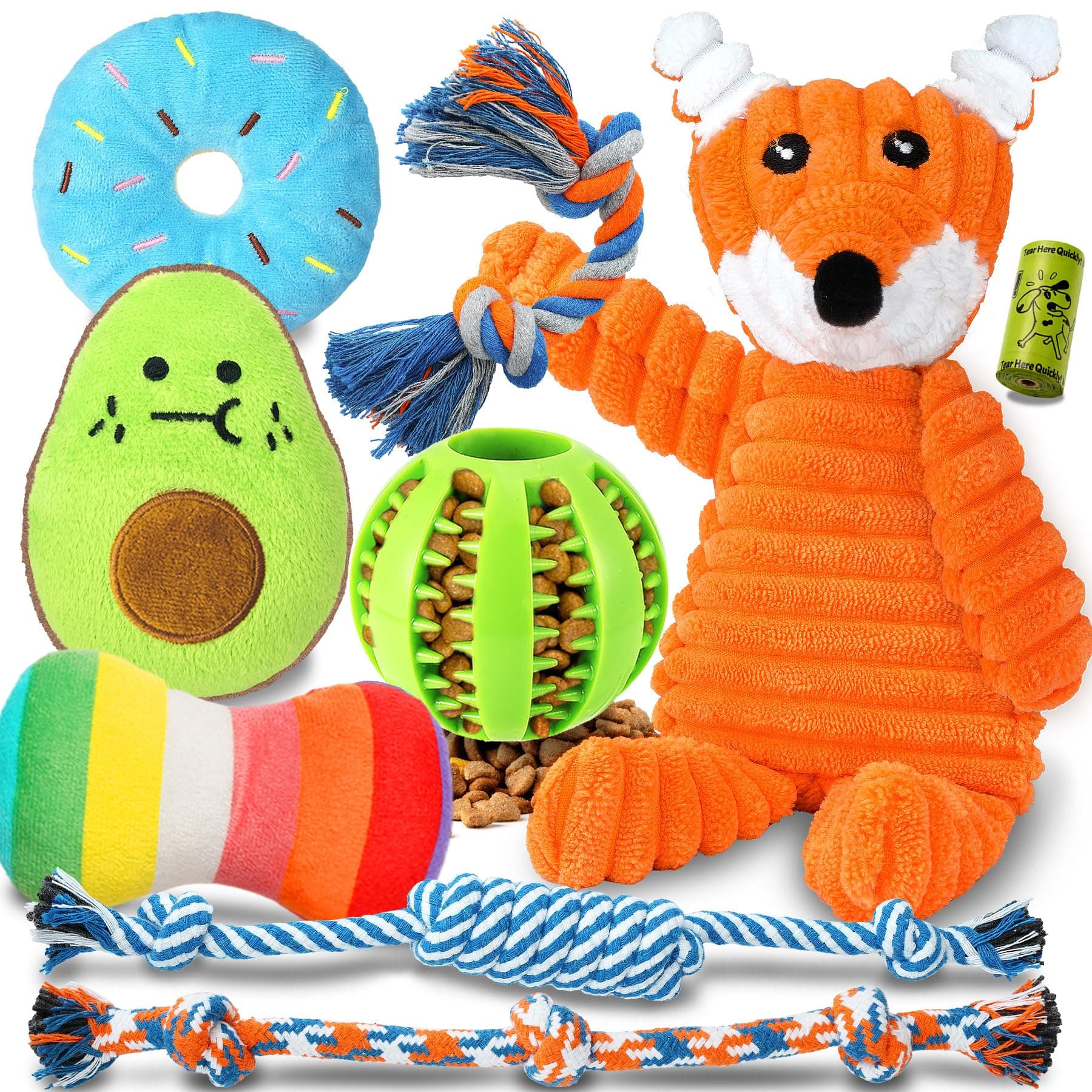 Zeaxuie 9 Pack Luxury Puppy Toys for Teething Small Dogs, Puppy Chew Toys with Cute Squeaky Dog Toys, Ball and More Rope Dog Chew Toys 9 Pack (No-stuffed Fox)