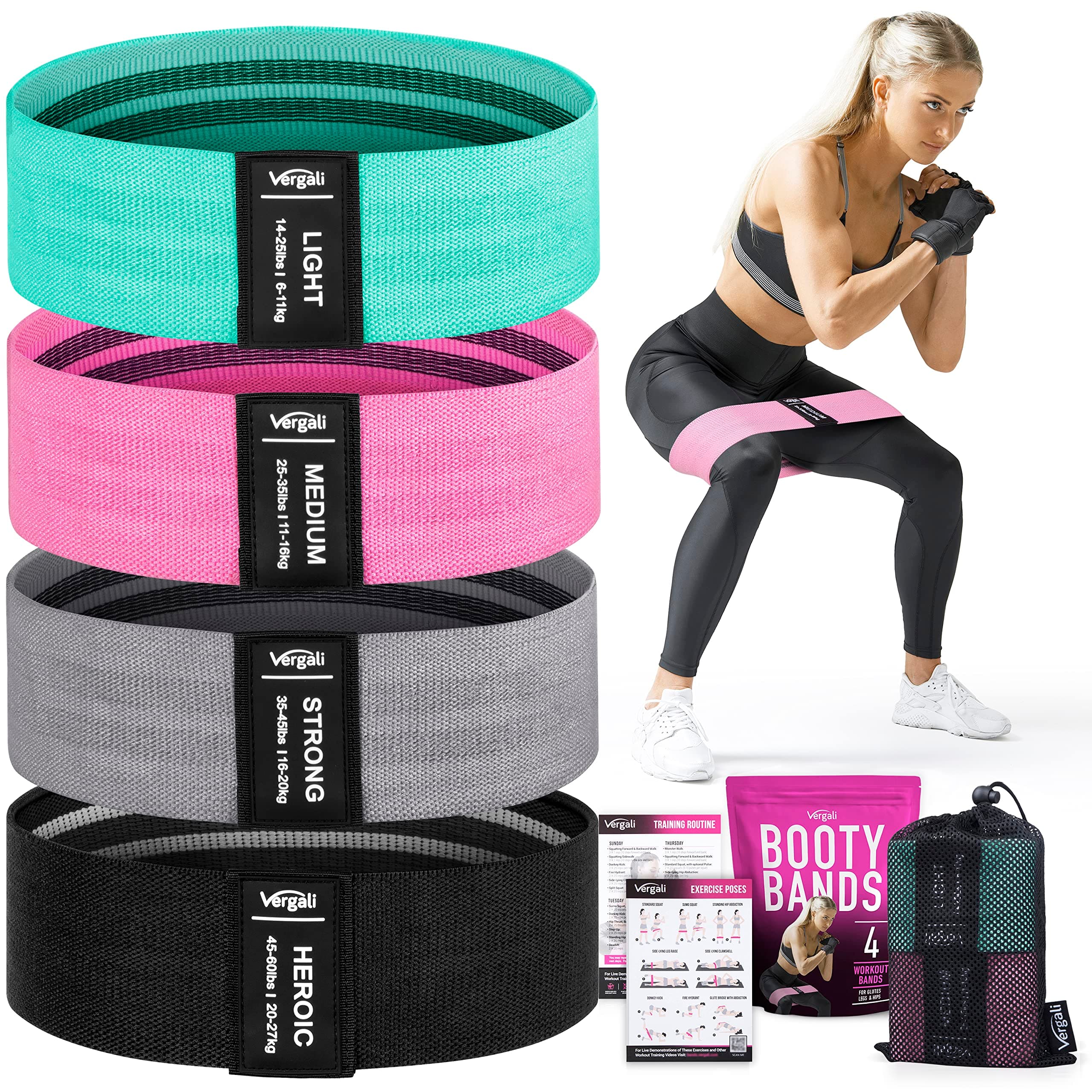 Resistance Bands for Working Out with Workout Bands Guide. 4 Booty Bands for Women Men Fabric Elastic Bands for Exercise Bands Resistance Bands for Legs Bands for Working Out Hip Thigh Glute Bands Set Aqua, Pink, Grey, Black 4
