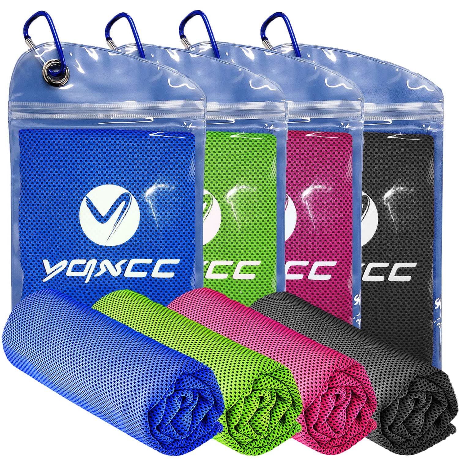 YQXCC Cooling Towels | 4 Pack 47"x12" | Ice Cool for Neck | Microfiber Soft Breathable Chilly | for Yoga, Sports, Golf, Gym, Camping, Running, Fitness, Workout & More Activities Dark Blue/Dark Gray/Rose Red/Green