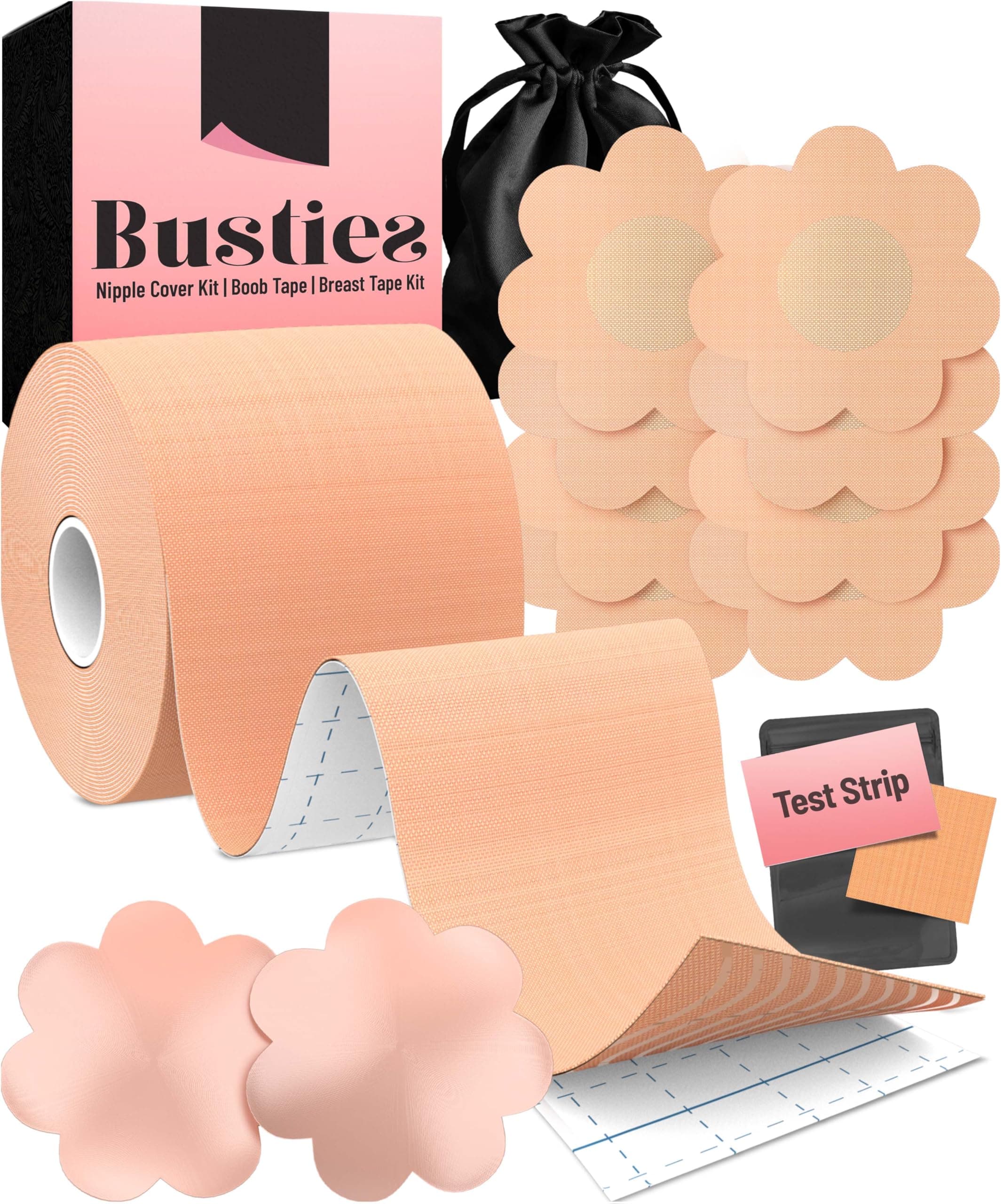 Busties Boob Tape Kit (12 pcs), Easy to Use (Universal Fit), 1 Pack Boobytape for Breast Lift, Bob Tape for Large Breasts, Bra Nipple Tape with Petals and Covers, Breast Tape for Women Nude