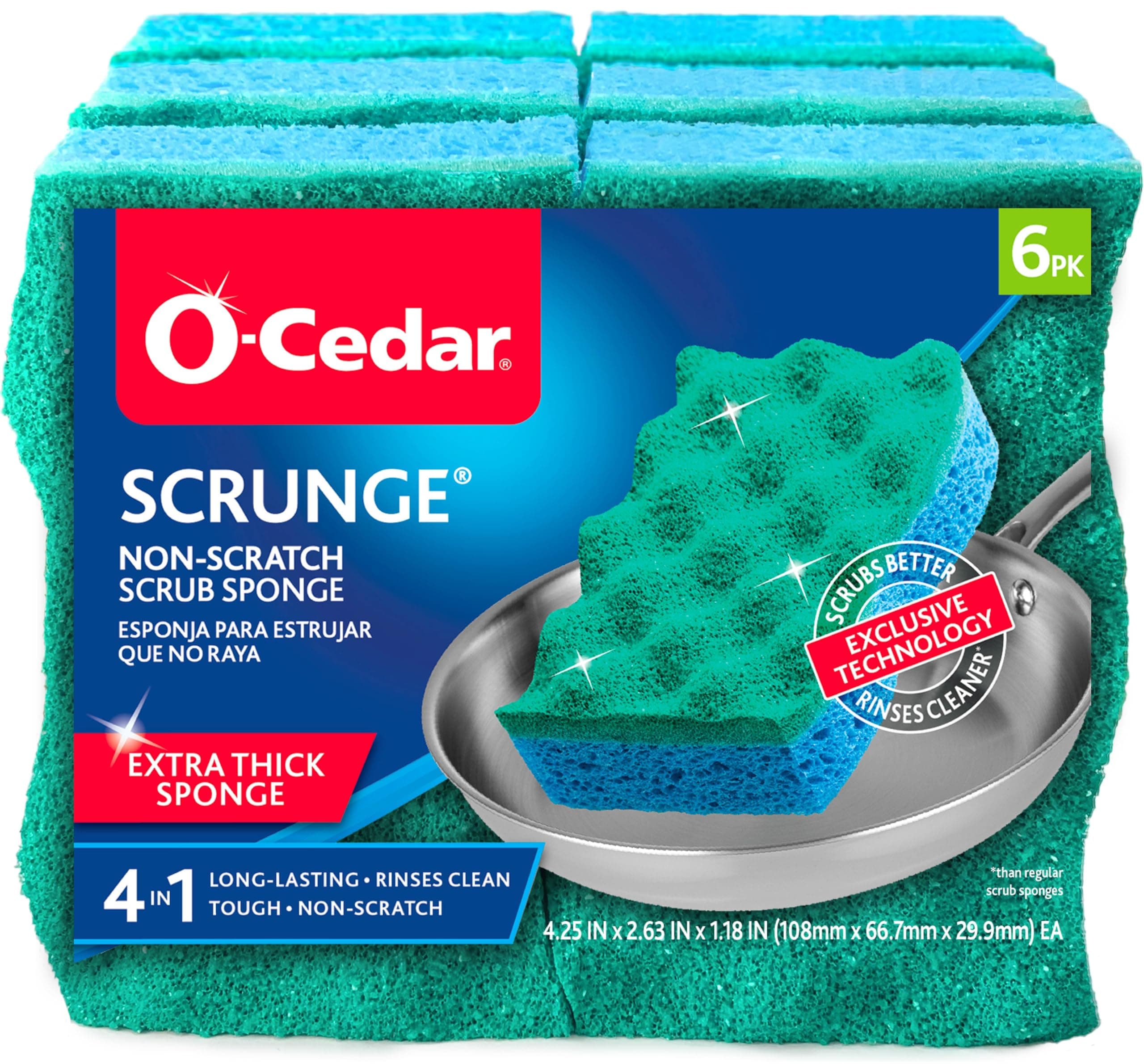 O-Cedar Scrunge Non-Scratch Scrub Sponge (Pack of 6) Multi-Use, All-Purpose, Odor-Resistant, Scrubbing Sponge Safely Cleans All Hard Surfaces in Kitchen and Bathroom 6 Count (Pack of 1)