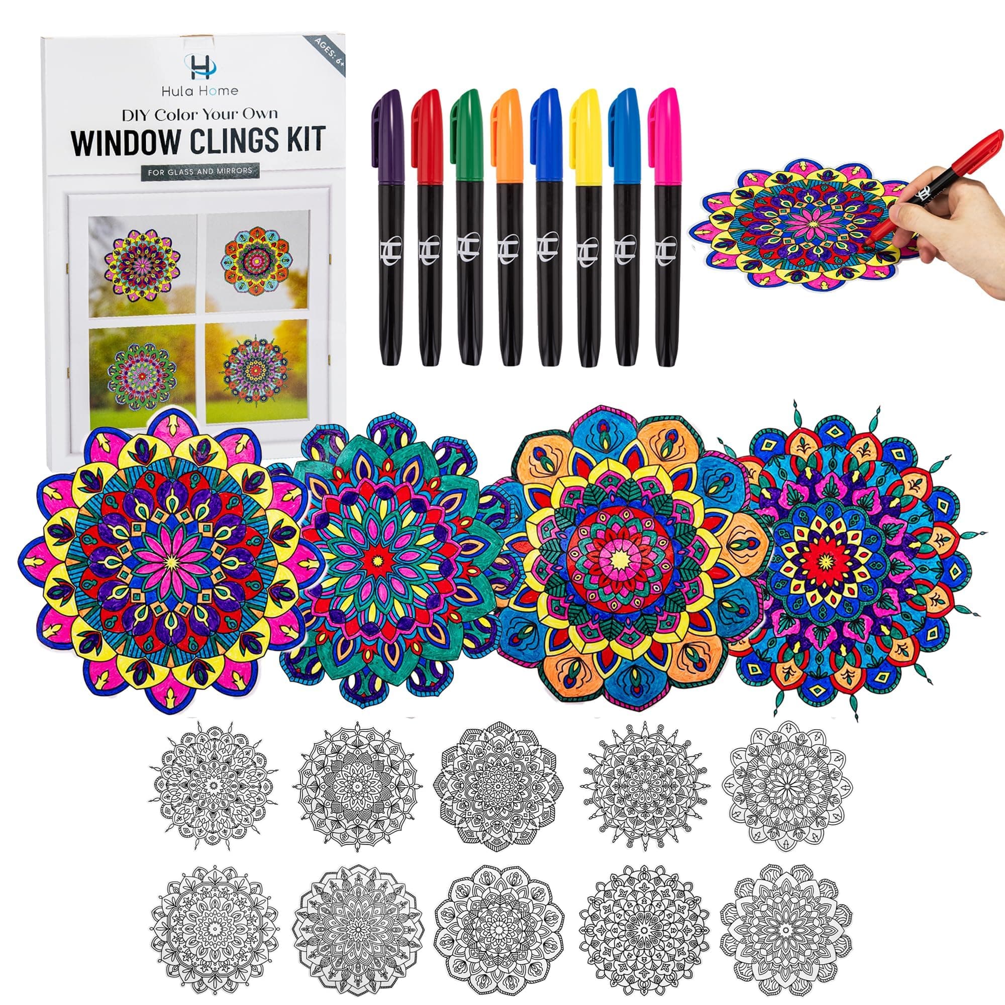 Hula Home Stained Glass Mandala Art Kit - DIY Window Clings with Markers, 10 Suncatchers - Perfect Hobby for Adults, Kids, Teens & Seniors - Ideal Gift for Beginners, Women & Elderly Stained Glass Style - New Markers