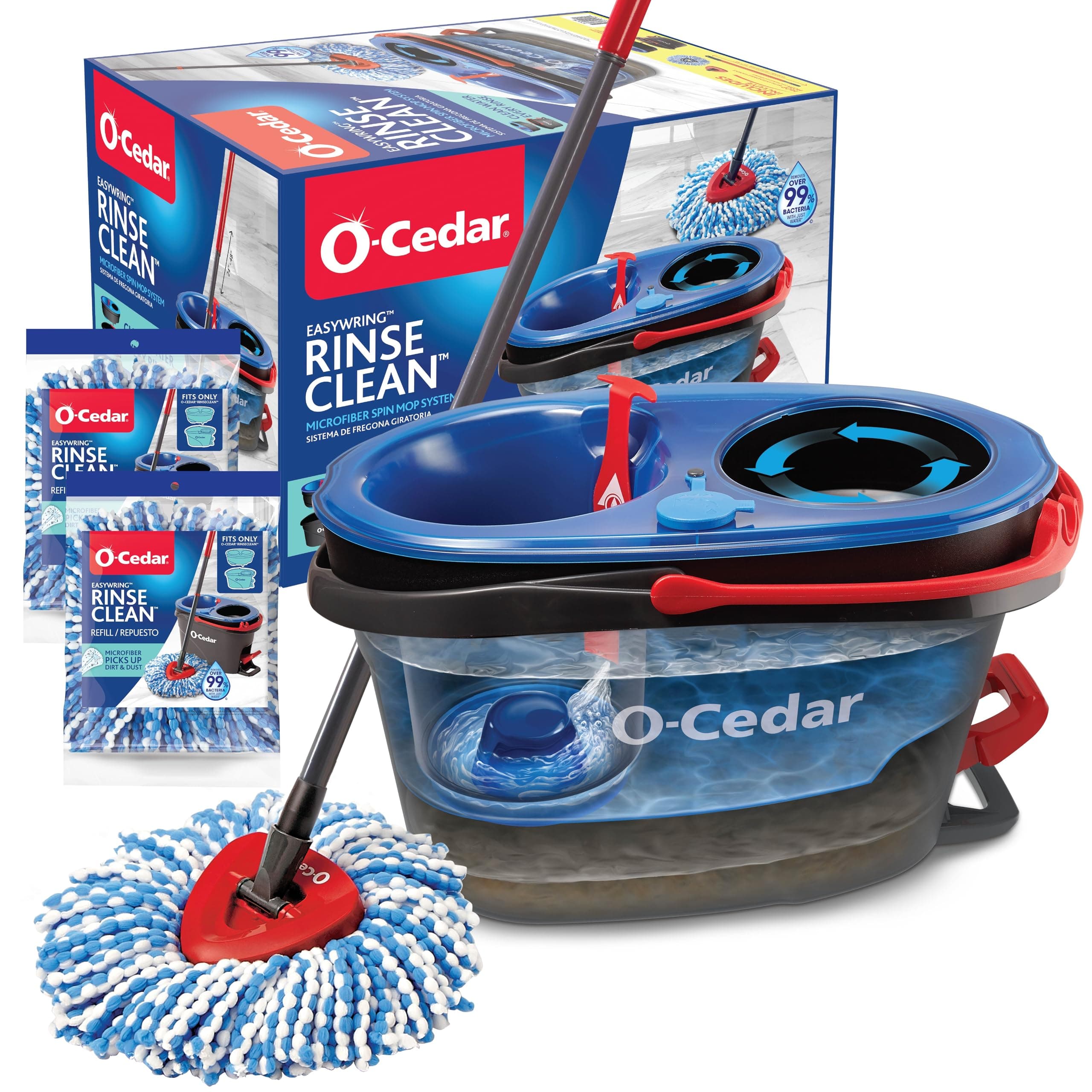 O-Cedar RinseClean Spin Mop & Bucket System + 2 Extra Mop Heads| Clean with Clean Water | Removes 99% of Bacteria Rinseclean Spin Mop & Bucket + 2 Extra Refills Cleaning System