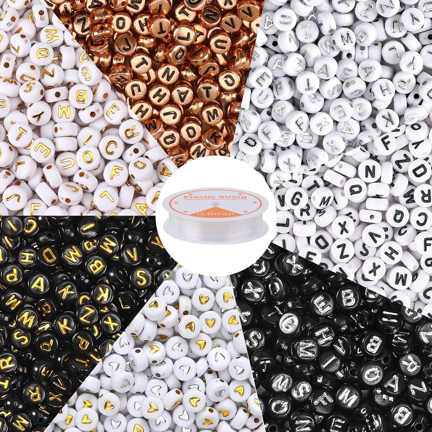 1900Pcs 7 Colors Round Letter Beads 4×7mm Acrylic Alphabet Beads with 1 Roll Elastic String for Bracelet Necklace Jewelry Making Supplies 7 Colors-B