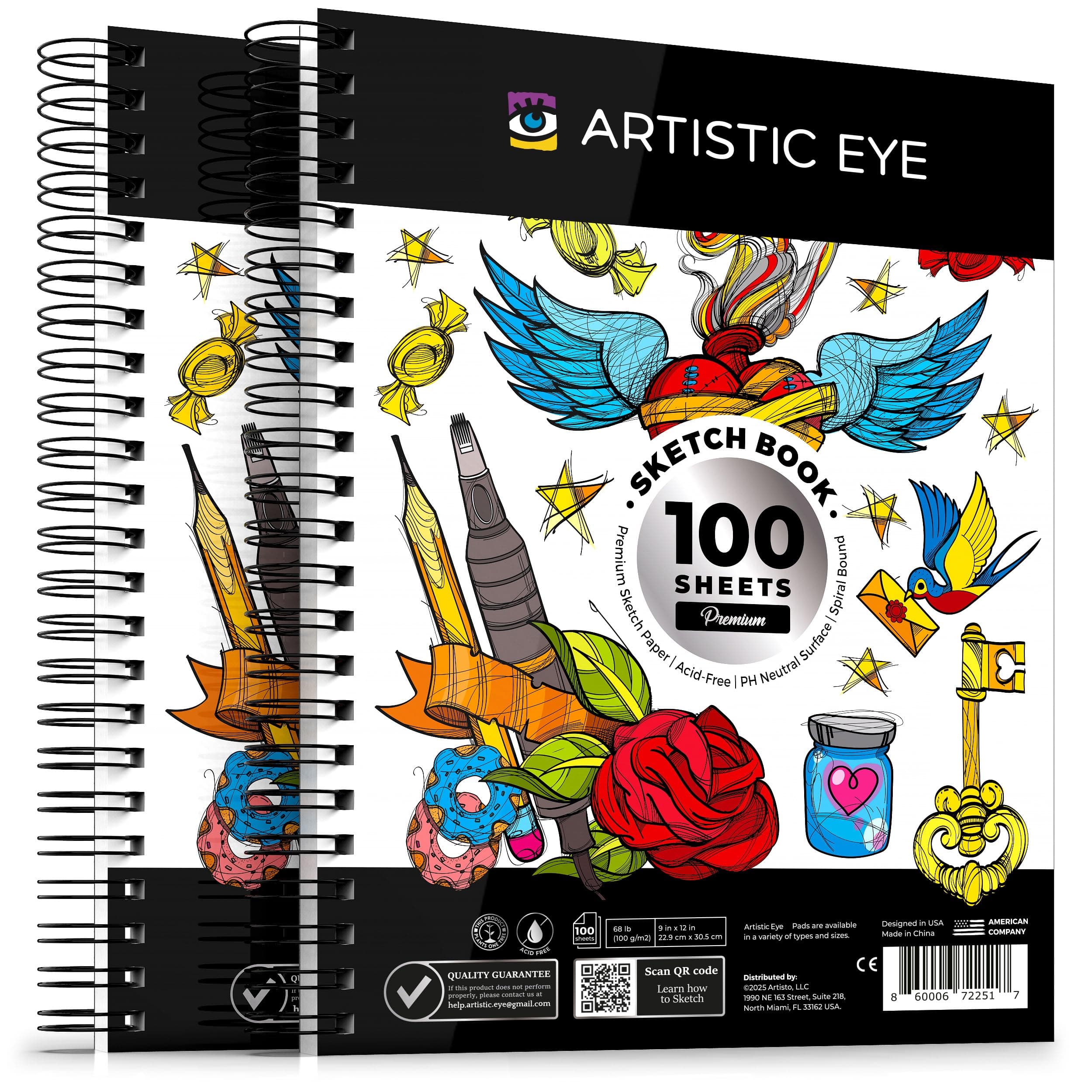 ARTISTIC EYE 9x12 Premium Sketch Book Set, 100 Sheets, Spiral Bound, 68lb (100gsm), Acid-Free Drawing Paper, Ideal for Kids, Teens & Adults (Set of 2)