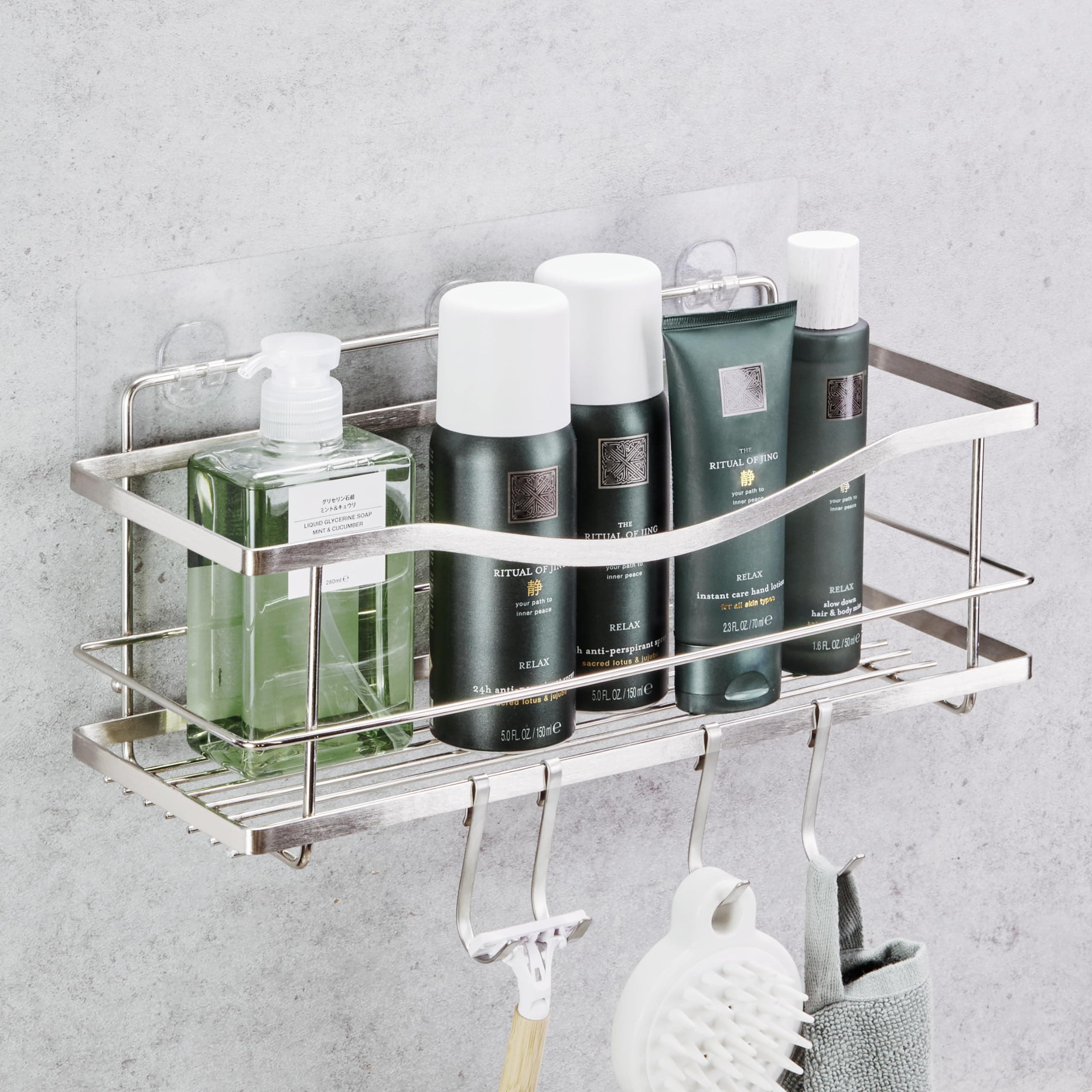 KINCMAX Premium Shower Caddy - Self Adhesive Shower Organizer with 4 Hooks, Rustproof Stainless Steel Shower Rack for Bathroom, Silver Shower Caddy (Silver)