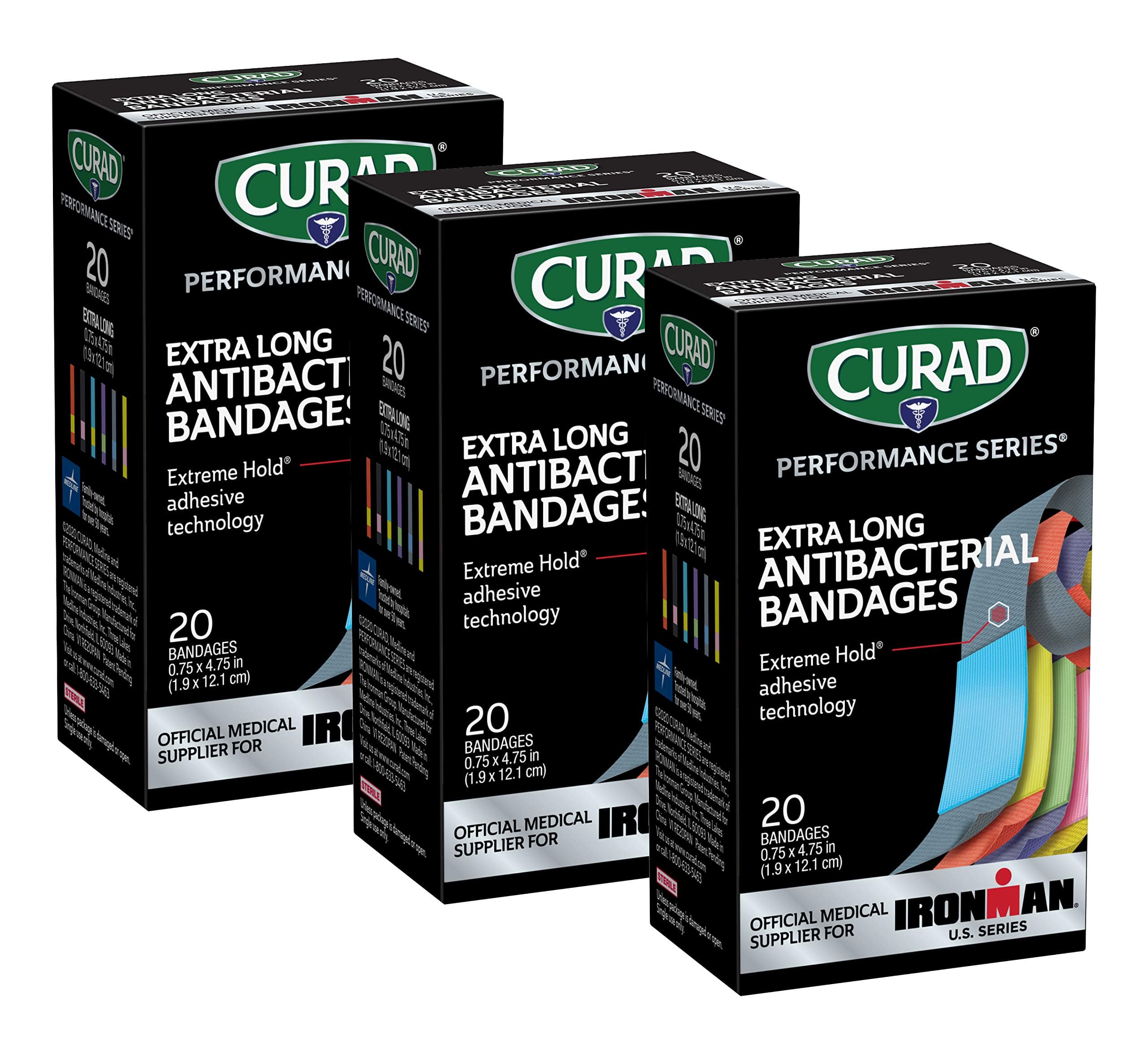CURAD Performance Series Antibacterial Bandages, Extreme Hold Adhesive Technology, Extra Long Flexible Fabric Bandages for Cuts, Scrapes, & Burns, Assorted Colors, 0.75 x 4.75 inches, 20 Count 20 Count (Pack of 3)