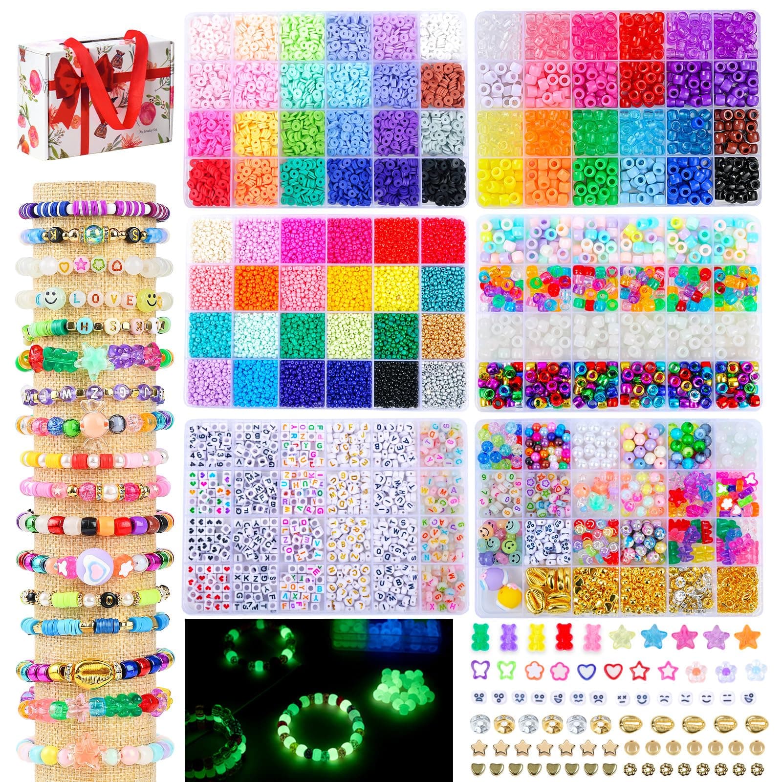 SJZWSD Friendship Bracelet Making Kit– 6 Boxes of Pony, Seed, Clay & Letter Beads, UV Glow in The Dark Beads, Tools & Charms – Jewelry Craft Kit for Kids & Adults GlowMuse
