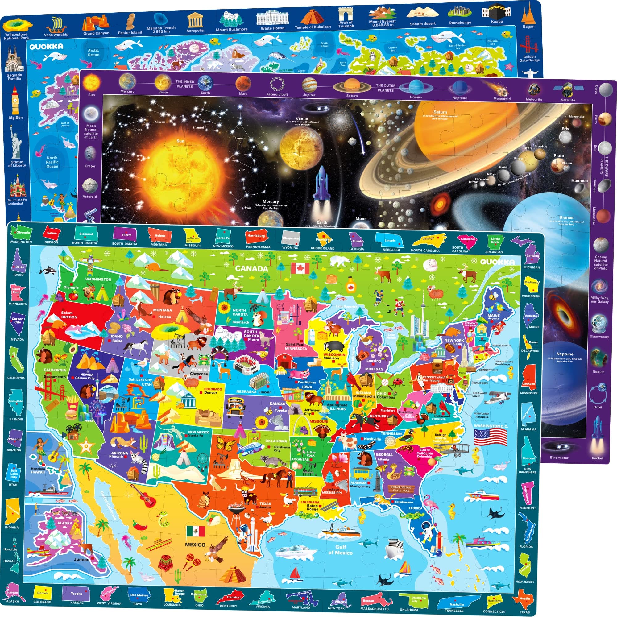 QUOKKA Puzzles for Kids Ages 4-6 - 3 Set 100 Piece Puzzles for Toddlers 3-5 - Learning Map of The United States World Space Puzzle - Educational Games for Kids 6-8 - Toys for 3 Year Old Boys and Girls 3x100 Pieces
