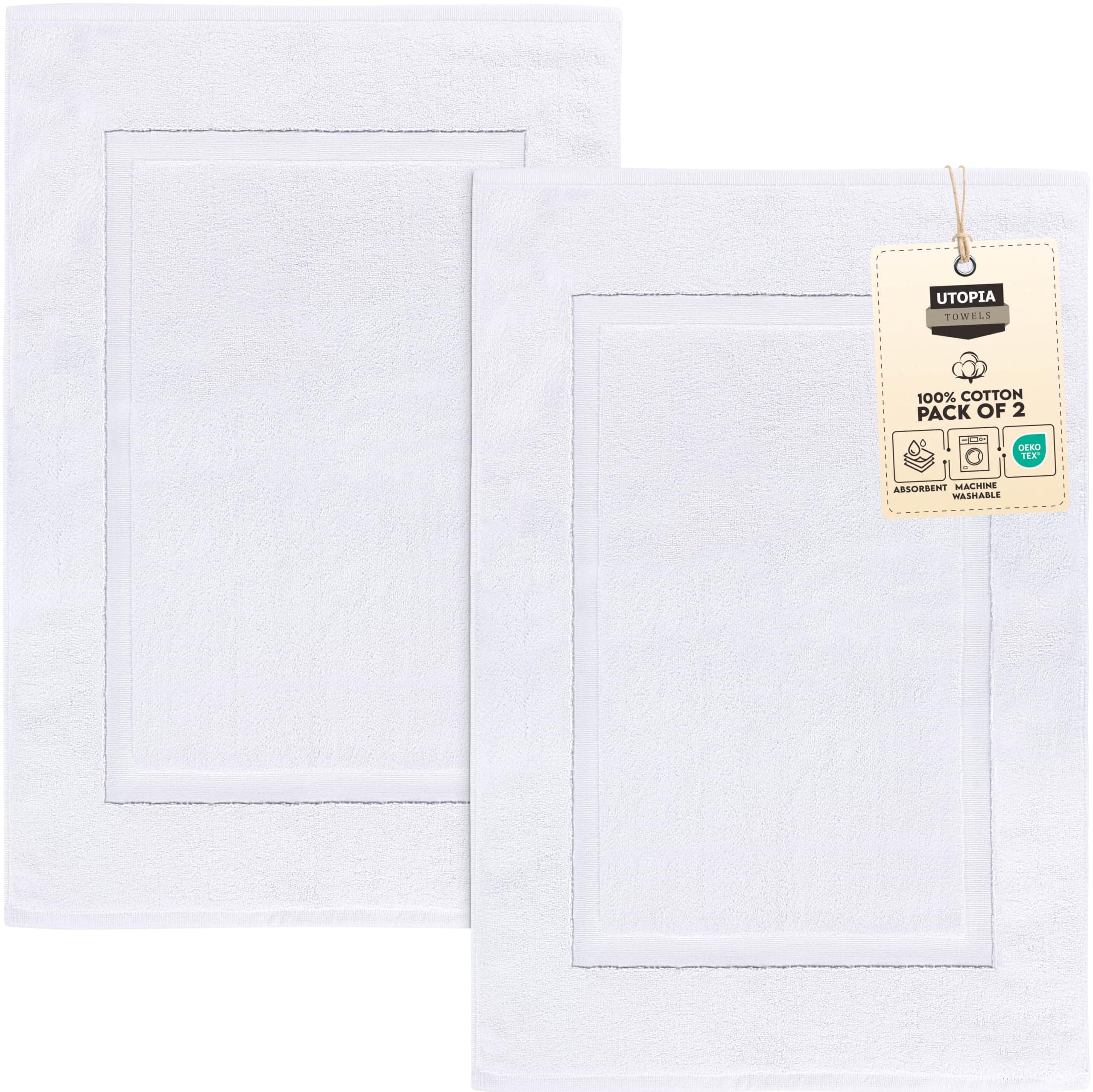 Utopia Towels Cotton Banded Rug, Bath Mats, Not a Bathroom Rug, 21 by 34 Inches, 100% Ring Spun Cotton, Highly Absorbent Shower Bathroom Floor Mat, White, 2 Pack 2 Bath Mats White