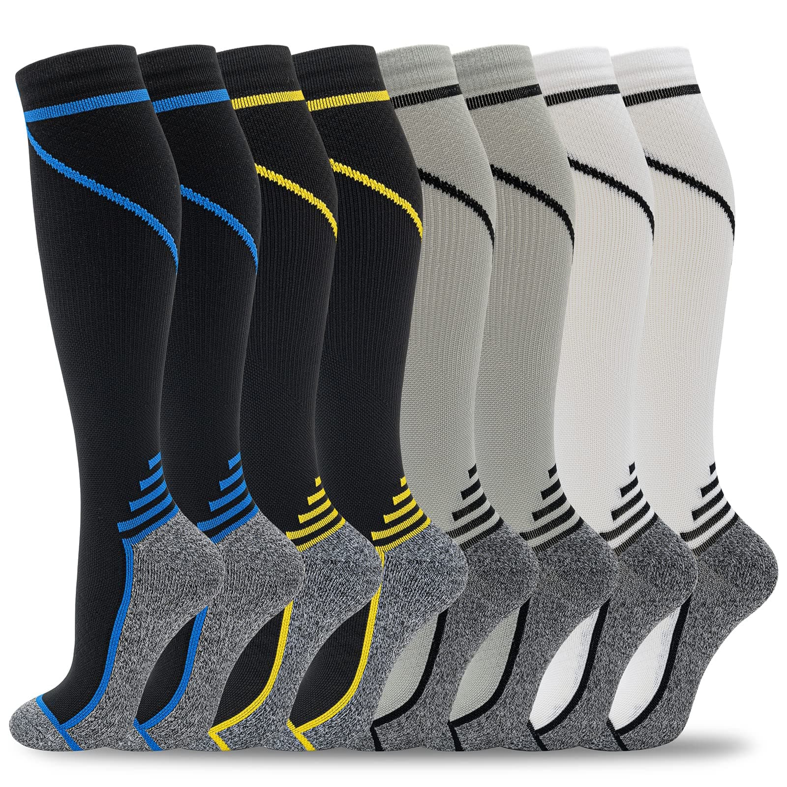 fenglaoda 8 Pairs Compression Socks for Men & Women 20-30 mmHg Knee High Nurse Pregnant Running Medical and Travel Athletic Large-X-Large 00-8 pairs-blue/yellow/grey/white line-NEW