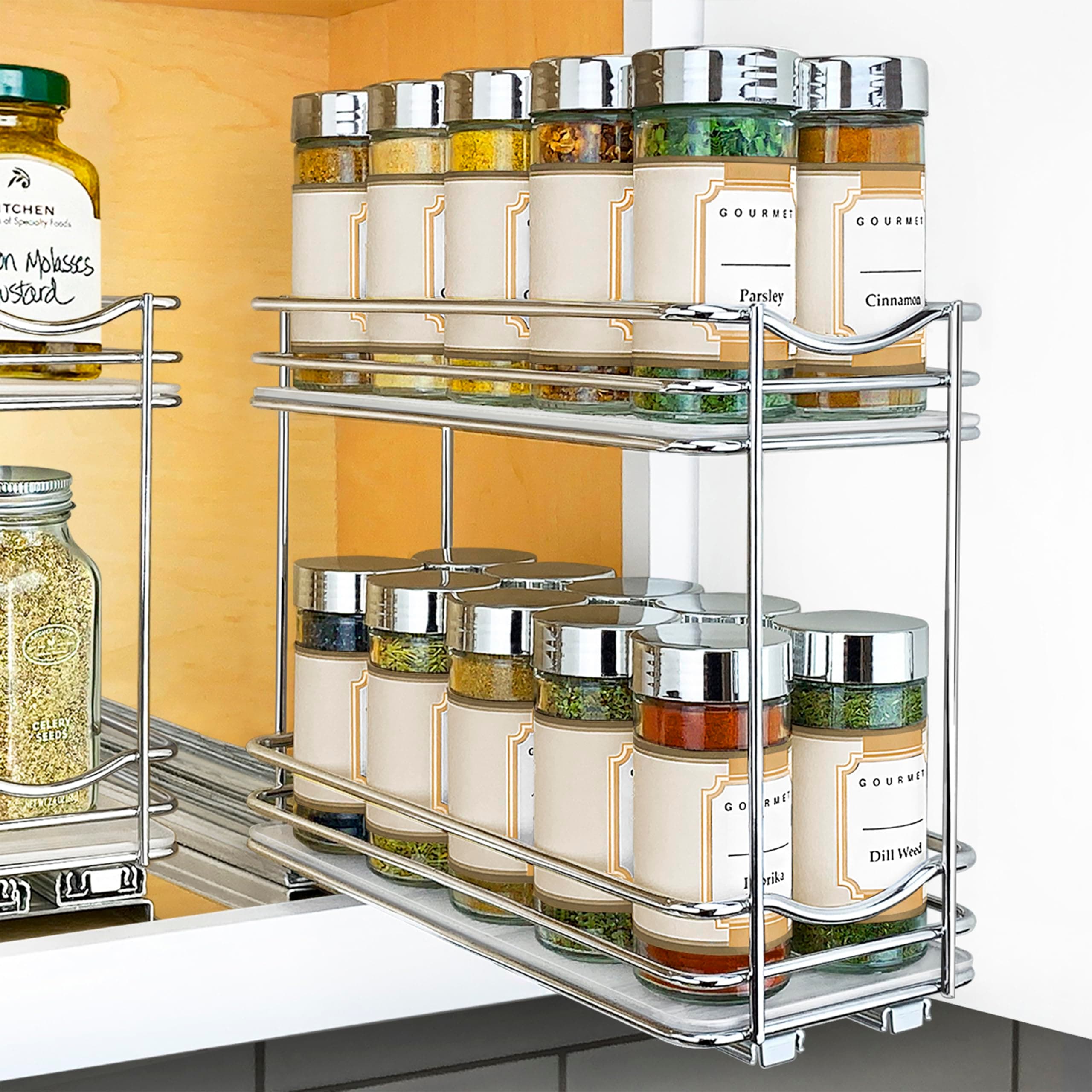 LYNK PROFESSIONAL® Pull Out Spice Rack Organizer for Inside Kitchen Cabinets - 4-3/8 inch Wide - Slide Out Drawer – Chrome Sliding Spice Cabinet Organization Shelf Racks - 2 Tier Chrome 4-1/4" - 2 Tier