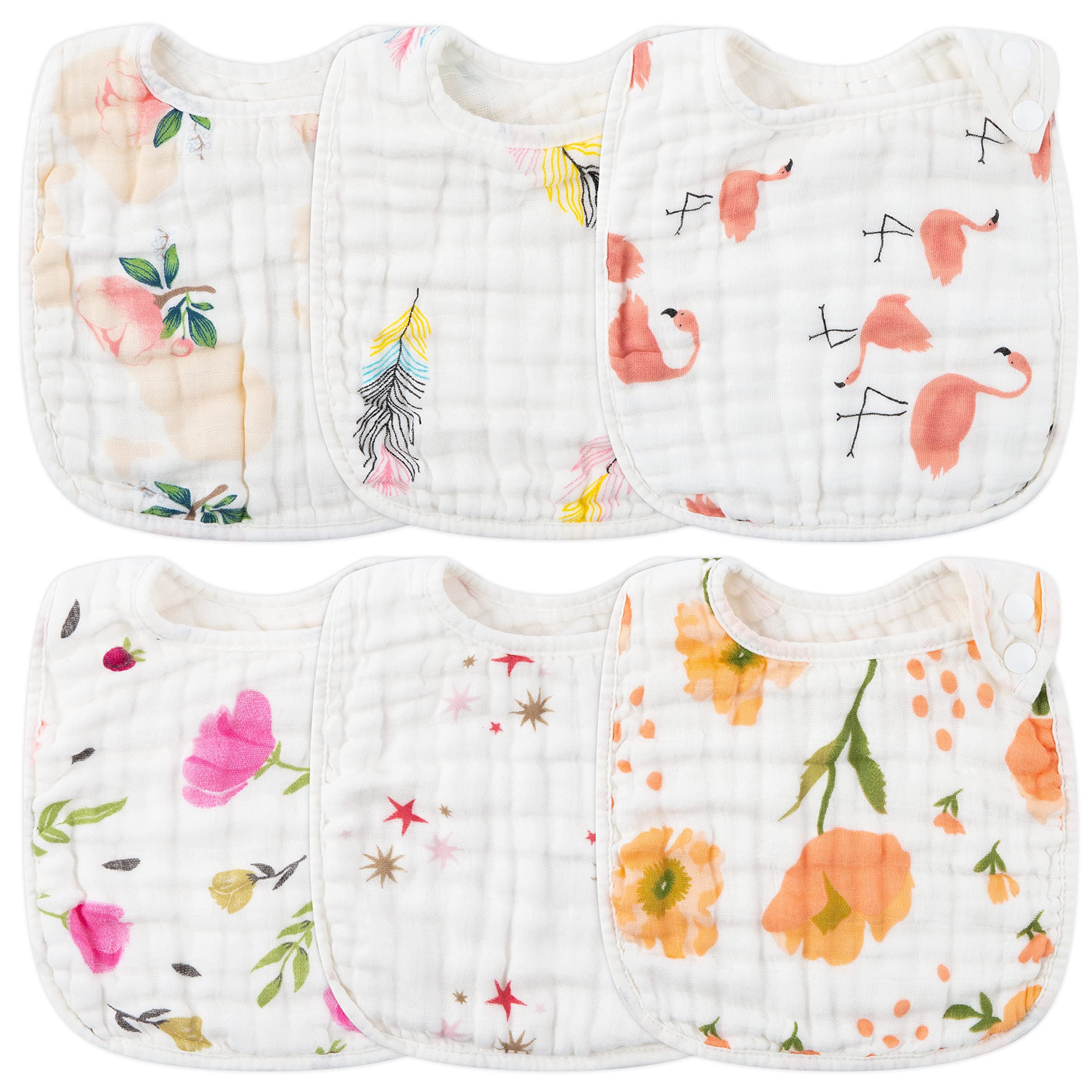 Zainpe 6Pcs Snap Muslin Cotton Bibs for Baby, Flamingo Star Flower Machine Washable Adjustable Burp Cloths with 6 Absorbent Soft Layers for Infant Newborn Toddler Drooling Feeding and Teething Pink
