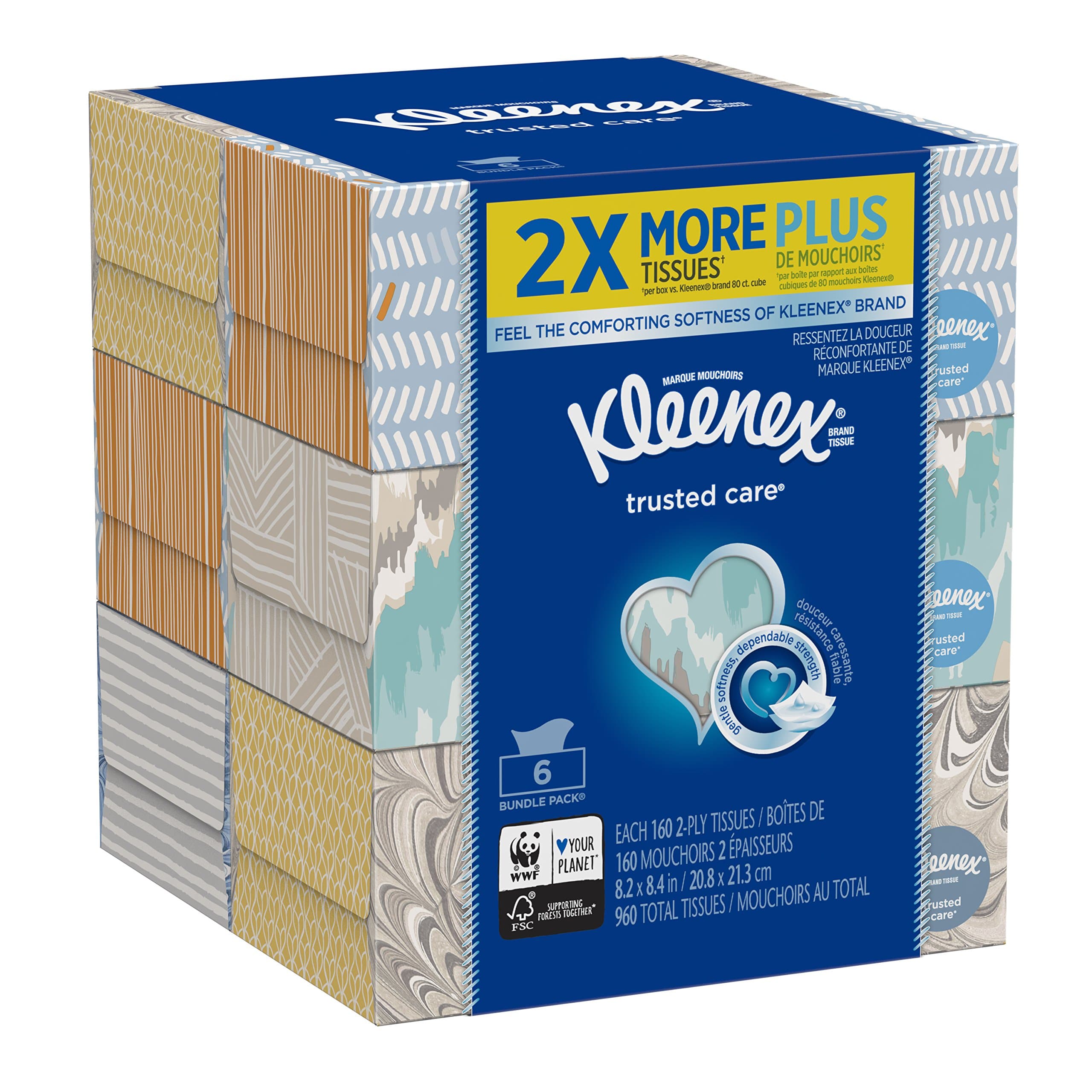 Kleenex Trusted Care Everyday Facial Tissues, Flat Box, 160 Count (Pack of 6) Multicolor 160 Count (Pack of 6)