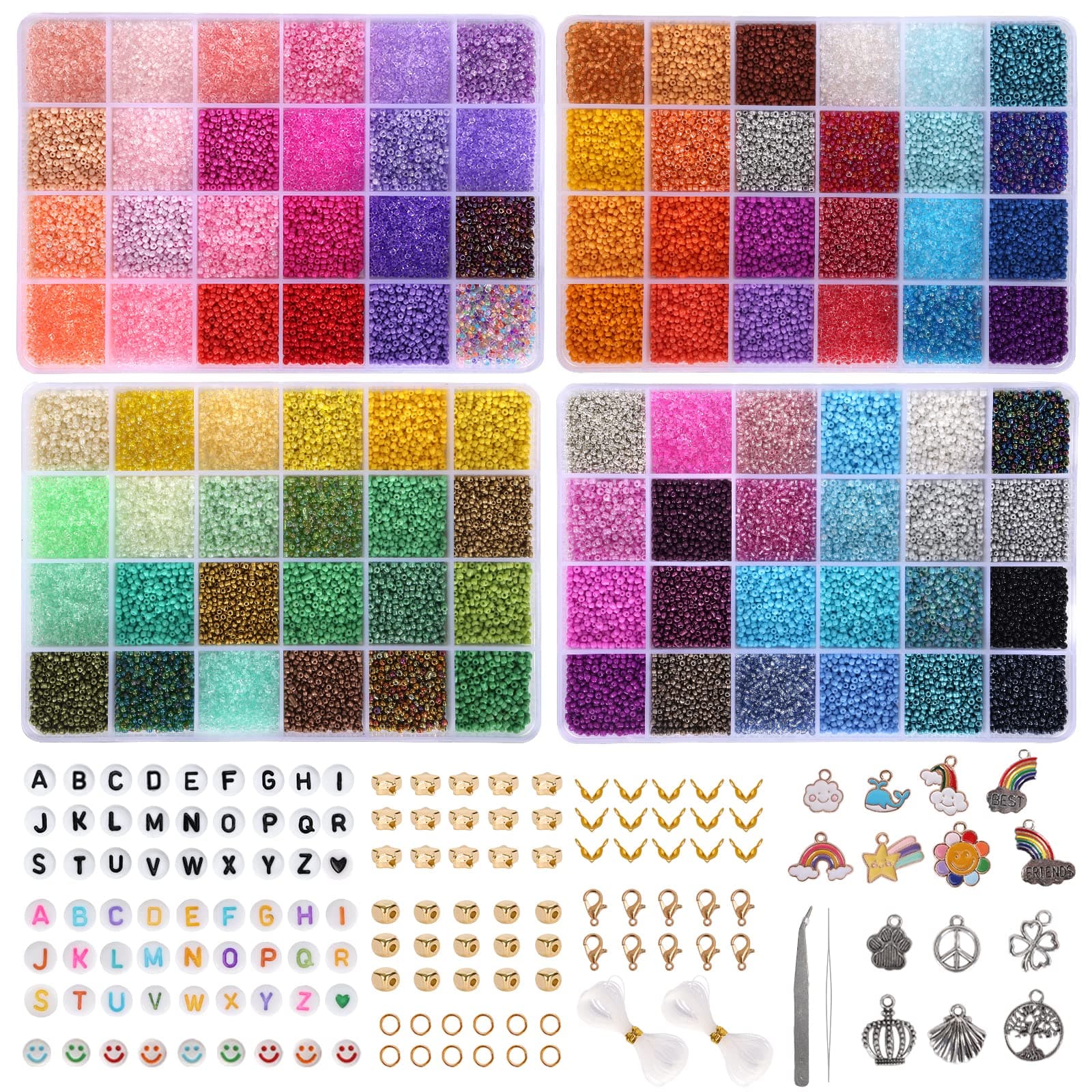QUEFE 48000pcs Glass Seed Beads Kit for Jewelry Making, 96 Colors 2mm Small Beads with Pendant Charms and Letter Beads for Friendship Bracelet, Necklace Ring Making