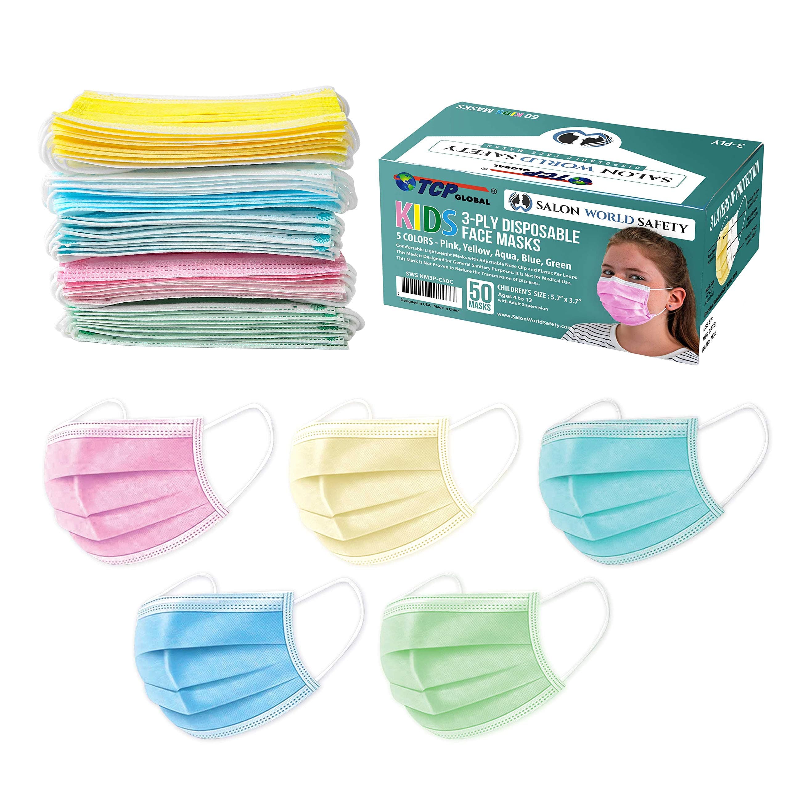 TCP Global Salon World Safety - Kids Face Masks 3-Ply Protective PPE (5 Colors) Disposable Children's Size
