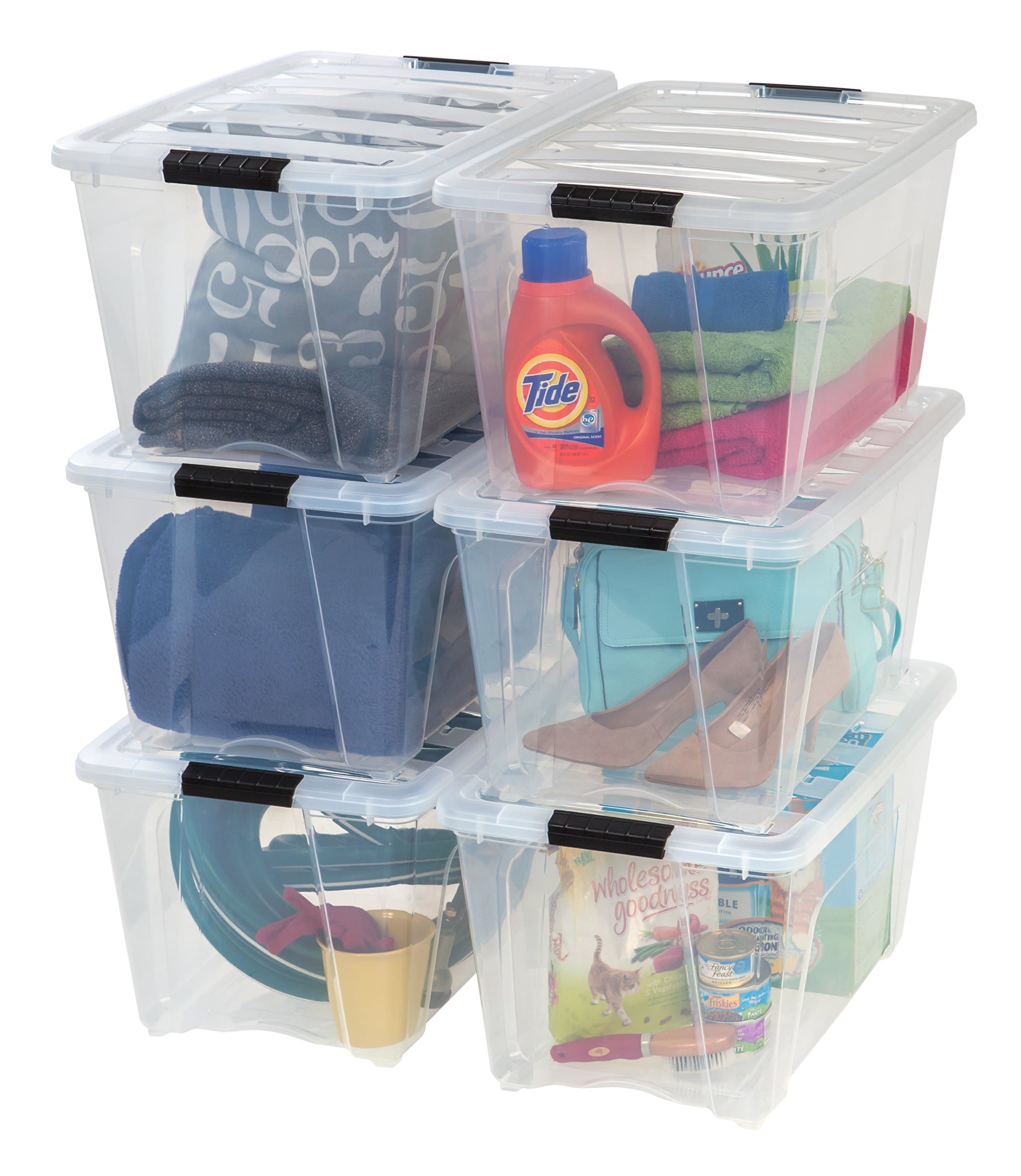 IRIS USA 54 Qt Stackable Plastic Storage Bins with Lids, 6 Pack - BPA-Free, Made in USA - See-Through Organizing Solution, Latches, Durable Nestable Containers, Secure Pull Handle - Clear Clear 54 Qt 6 Pack