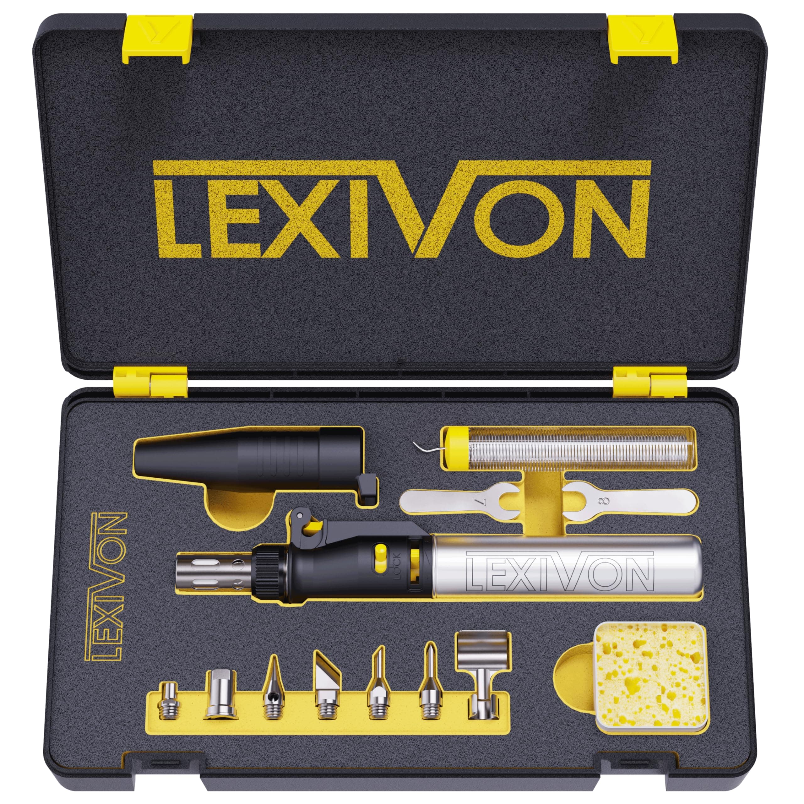 LEXIVON Butane Soldering Iron Multi-Purpose Kit | Cordless Self-Igniting Adjustable Flame 7-Tip Set | Pro Grade 125-Watt Equivalent (LX-770) Butane Soldering Iron Kit