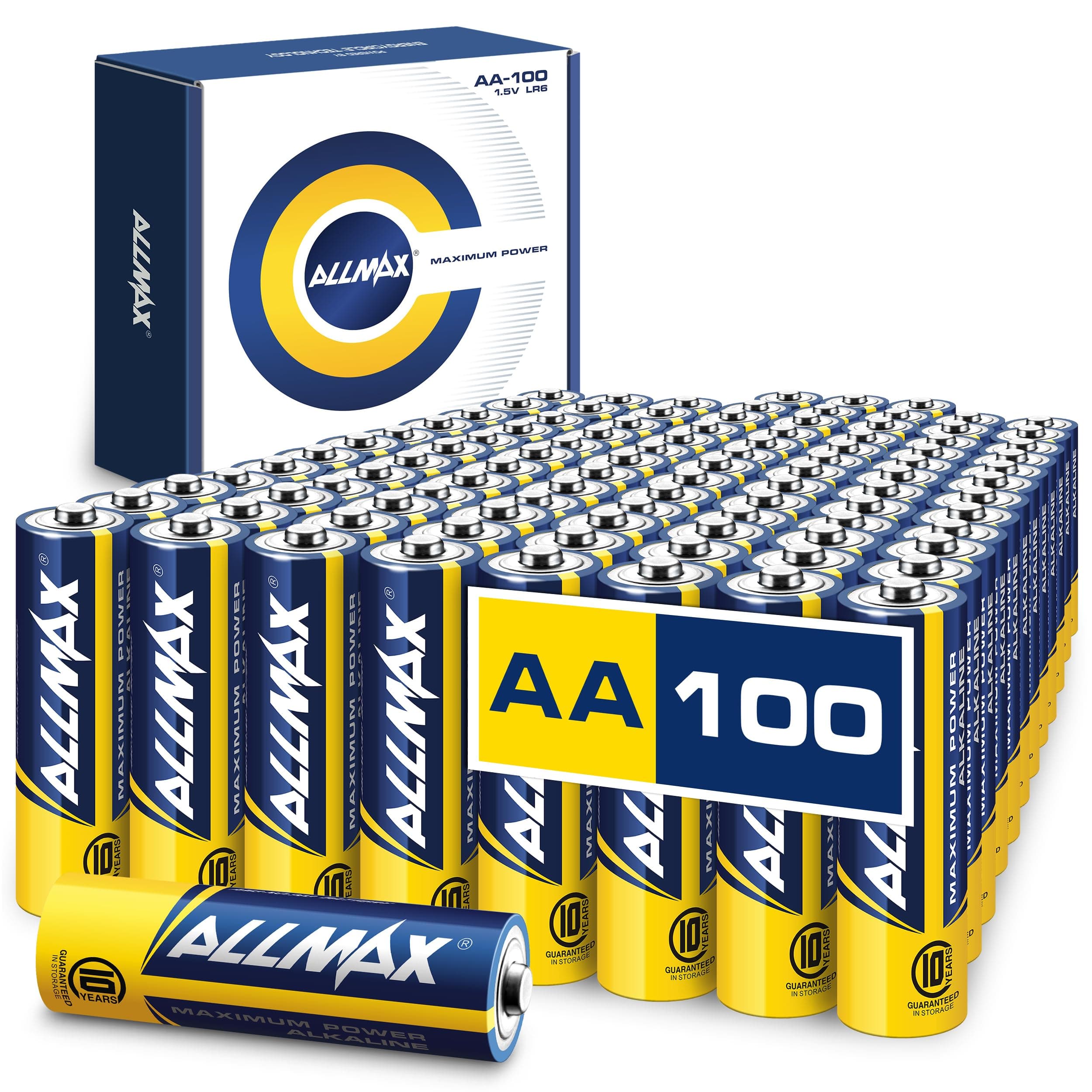 Allmax AA Maximum Power Alkaline Double A Batteries (100 Count) – Ultra Long-Lasting, Leakproof Design, 10-Year Shelf Life, Maximum Performance (1.5V) 100 Count (Pack of 1)
