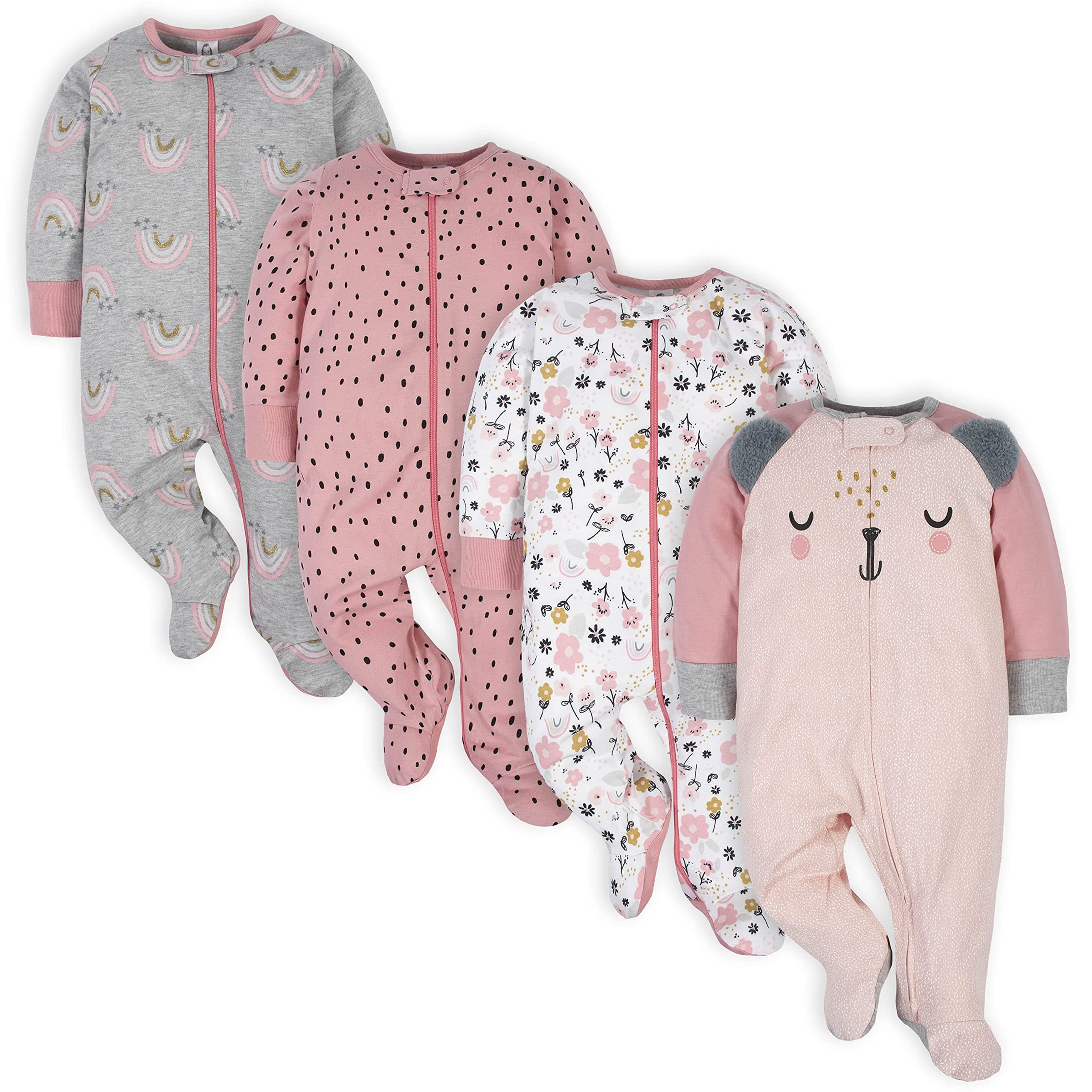 Gerber baby-girls 4 Pack Sleep N' Play Footie 0-3 Months Bear Pink