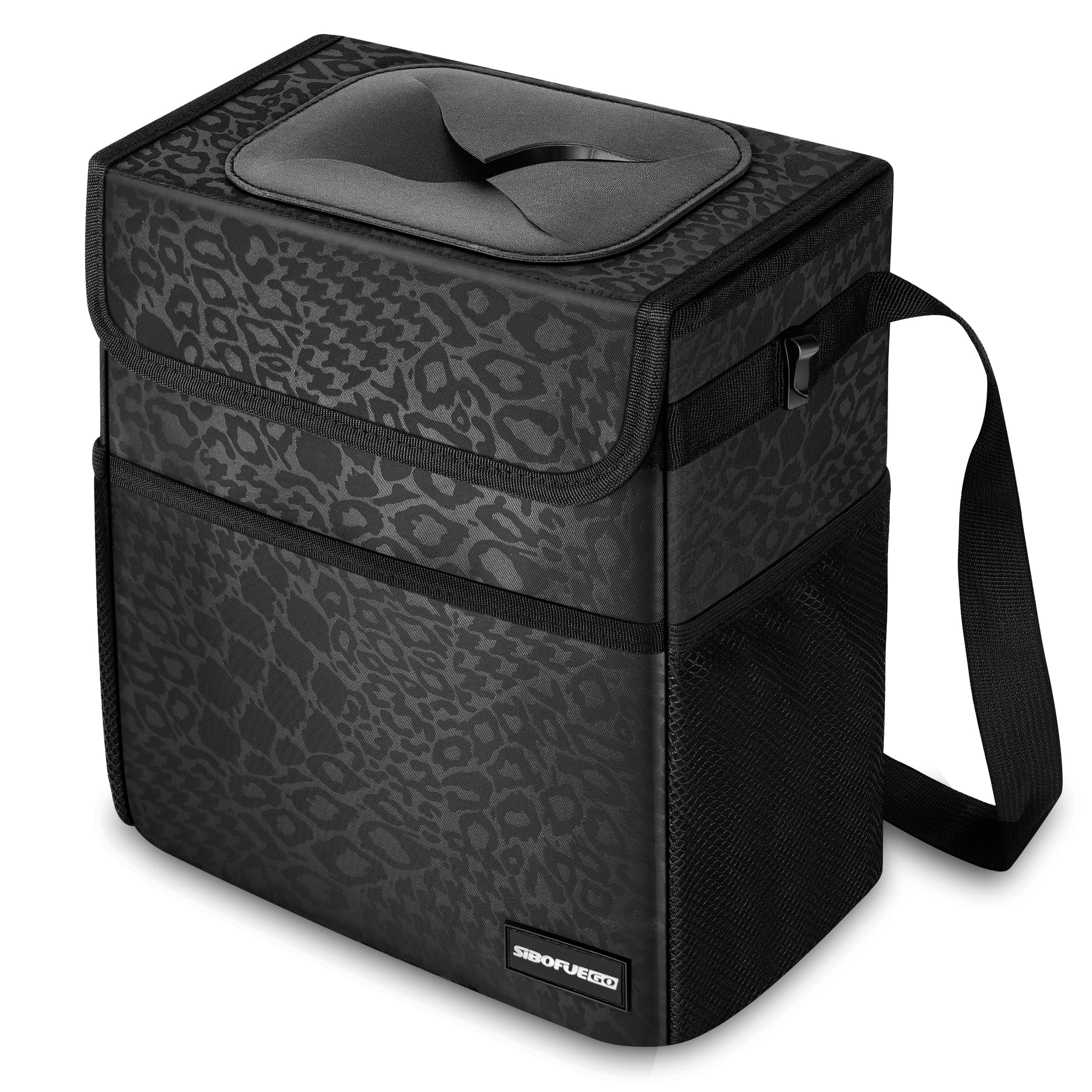 Cute Car Trash Can with Lid – Multipurpose Collapsible Trash Bin for Car, Leak-Proof Organizer, Waterproof Garbage Can with Storage Pockets & Adjustable Straps, 2 Gallons (Black Leopard) Black Leopard 2 Gallons