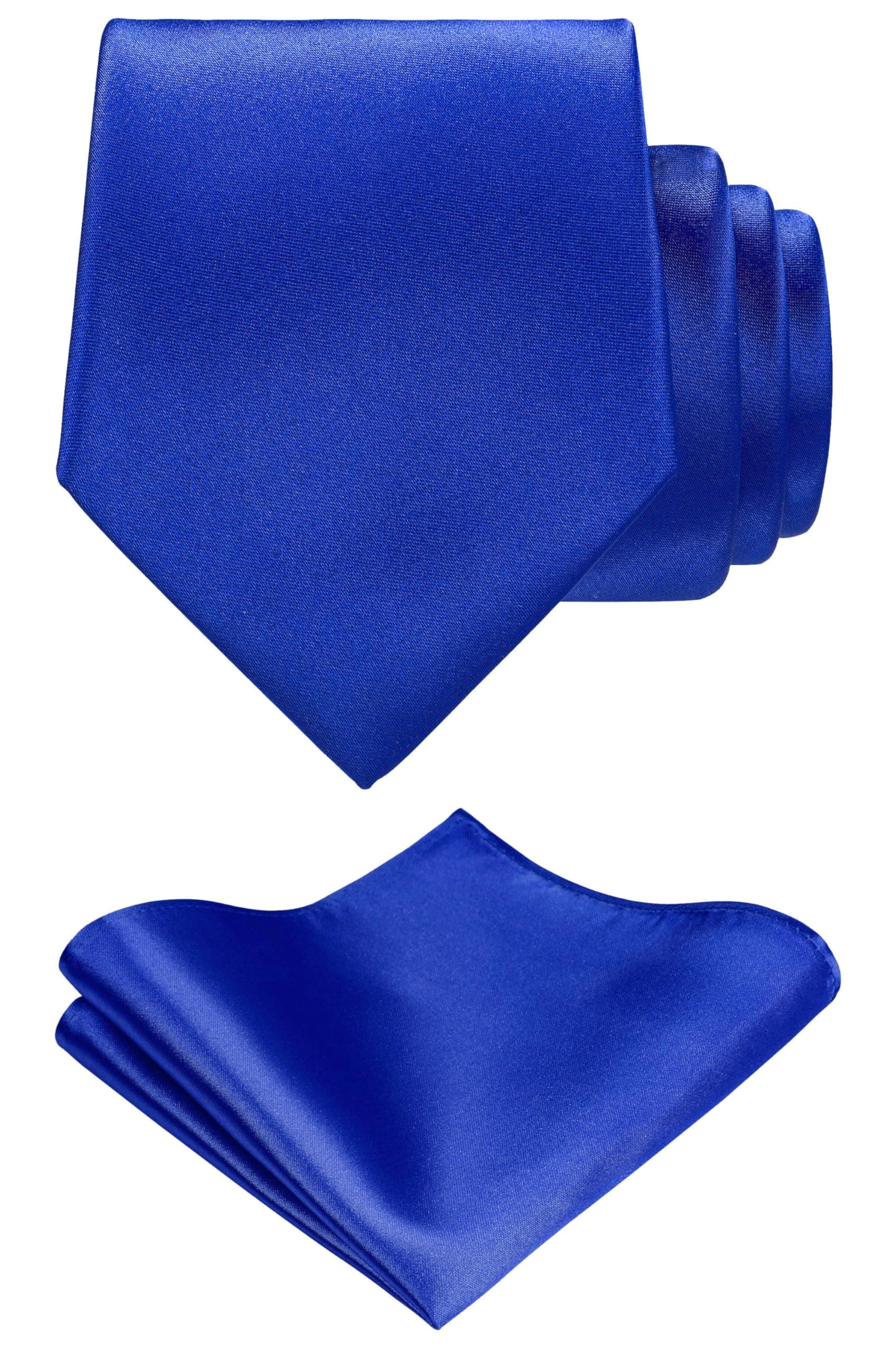 TIE G Solid Satin Woven dyed Color Formal Black Necktie and Pocket Square Sets in Gift Box Royal Blue