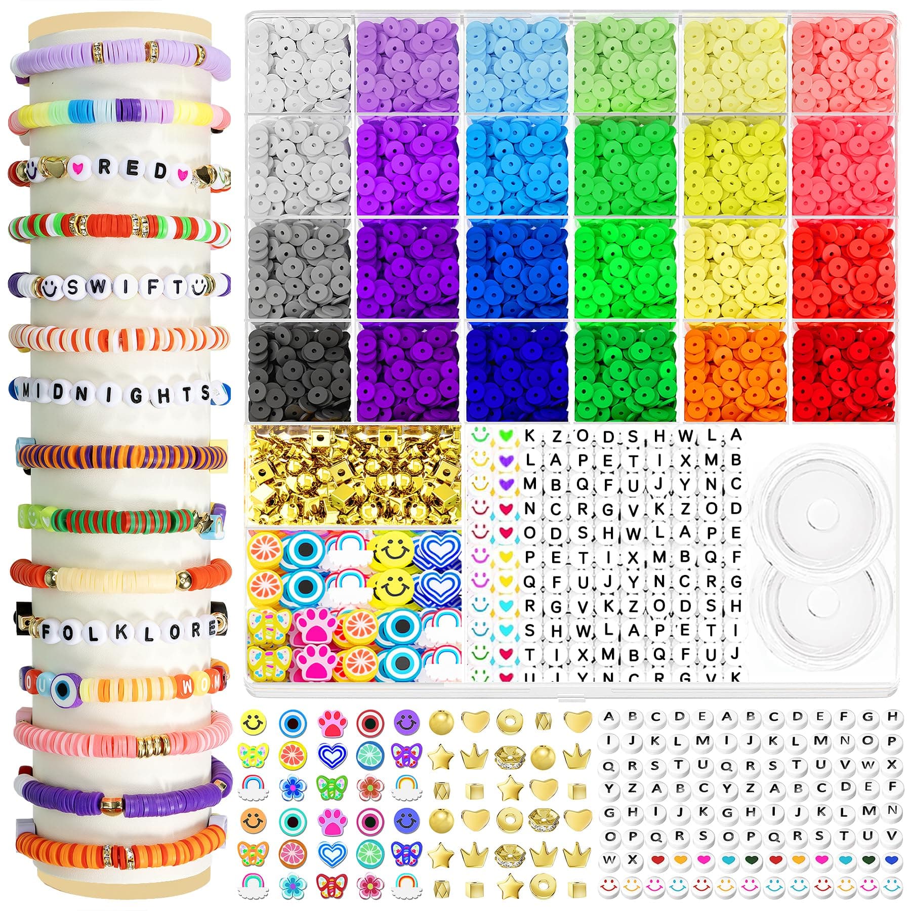 ARTDOT 5342 PCS Clay Beads for Friendship Bracelets Making Kit, 24 Rainbow Colors Jewelry Making Supplies Heishi Beads with Elastic String and Organizer Gifts