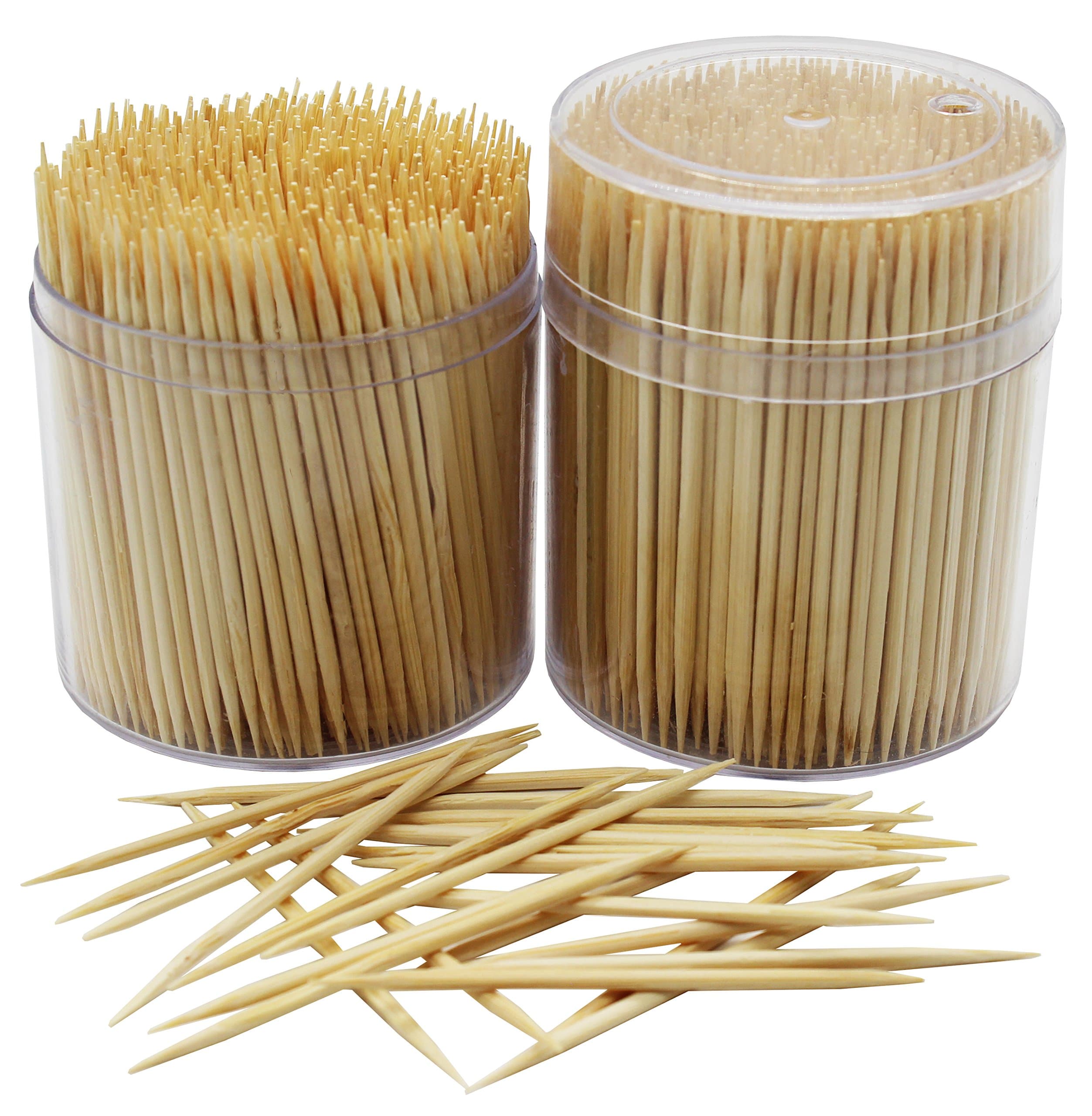 MontoPack Bamboo Wooden Toothpicks | 1000-Piece Large Wood Round Toothpicks in Clear Plastic Storage Box | Sturdy Safe Double Sided Party, Appetizer, Olive, Barbecue, Fruit, Teeth Cleaning Toothpicks Toothpicks - 1000 Pieces